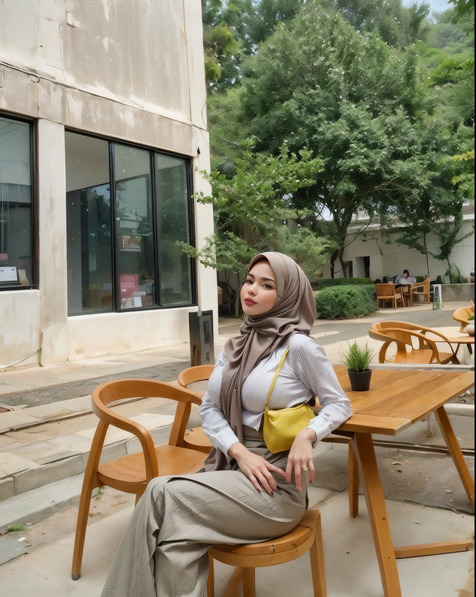 masterpiece, (ultra-high-definition portrait, vignet:1.4), Realistic, extremely detailed, CG unified, 8k, Clean lines, highly detailed, High-definition, raw color photos, she is smiling, Realistic portrait, Cinematic Light, Beautiful detailed, (1hijabgirl, indonesian:1.5), (165cm tall, big breasts with lips like she wants to kiss:1.5), Beautiful big breasts, breasts details, very tight, (Biggorgeous breast, Serious Face:1.5), (Serious Face, Big Breast:1.4), Close up of a girl in Beautiful clothes with errected nipple, biggorgeous breast, Soft smile, scarf, (Bombastic Side Eyes with curvaceous body:2), pose 4 of 1 6, Undress, No bra, (nipples that are clearly sticking out detail:1.2), Outdoors, high intricate detailed.