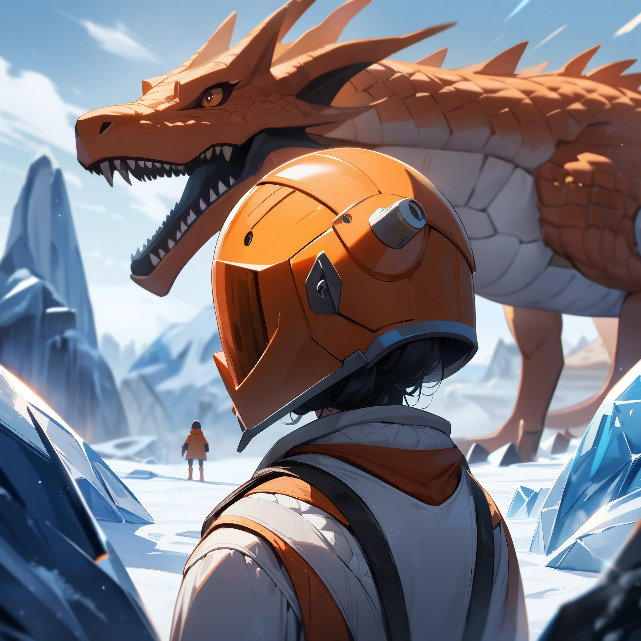 1girl and dragon,Sala,original,full face helmet,no face , no hair,white body suit,orange heavy armor,back view,in ice age planet,sala looking at background, ice dragon in background,frozen clothes,Science fiction,ultra-detailed,sharp focus,aesthetic,(best quality)