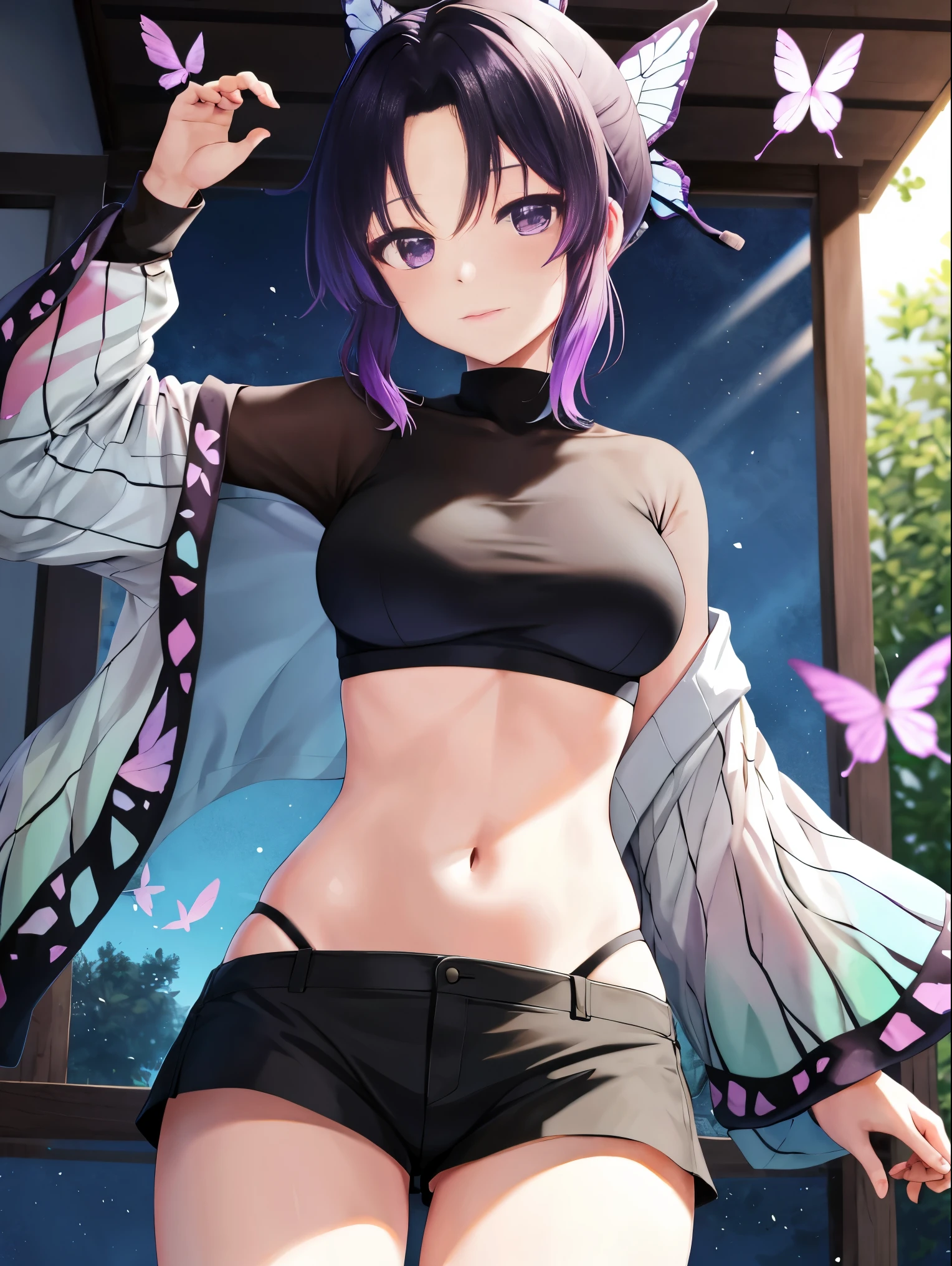 masutepiece, Best Quality, hight resolution, 1girl in, solo, kochou shinobu, Decorate your hair with butterflies, violet eyes, Multi-colored hair, Short hair, Parted bangs, Short shorts, open one's legs, Skirt, Turtleneck Top, Navel Ejection, outside of house, Erotica, large full breasts, Sateen, show through, Black pants