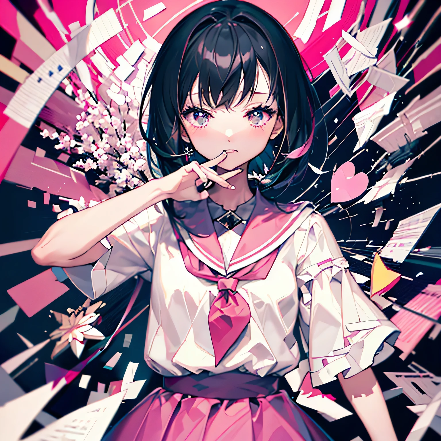highest quality、Two-dimensional beautiful girl、cute、girl、Black hair with pink inner color、Bob hairstyle、lots of races、wearing an idol costume、cute costume、Original image 8K、Idol、Live、It's winking at me、clothes with heart jewelry、standing alone、clothes with a collar、Fluffy short sleeves、Fluffy skirt、zoom on face、Beautiful background、Super high quality、cute hairstyle