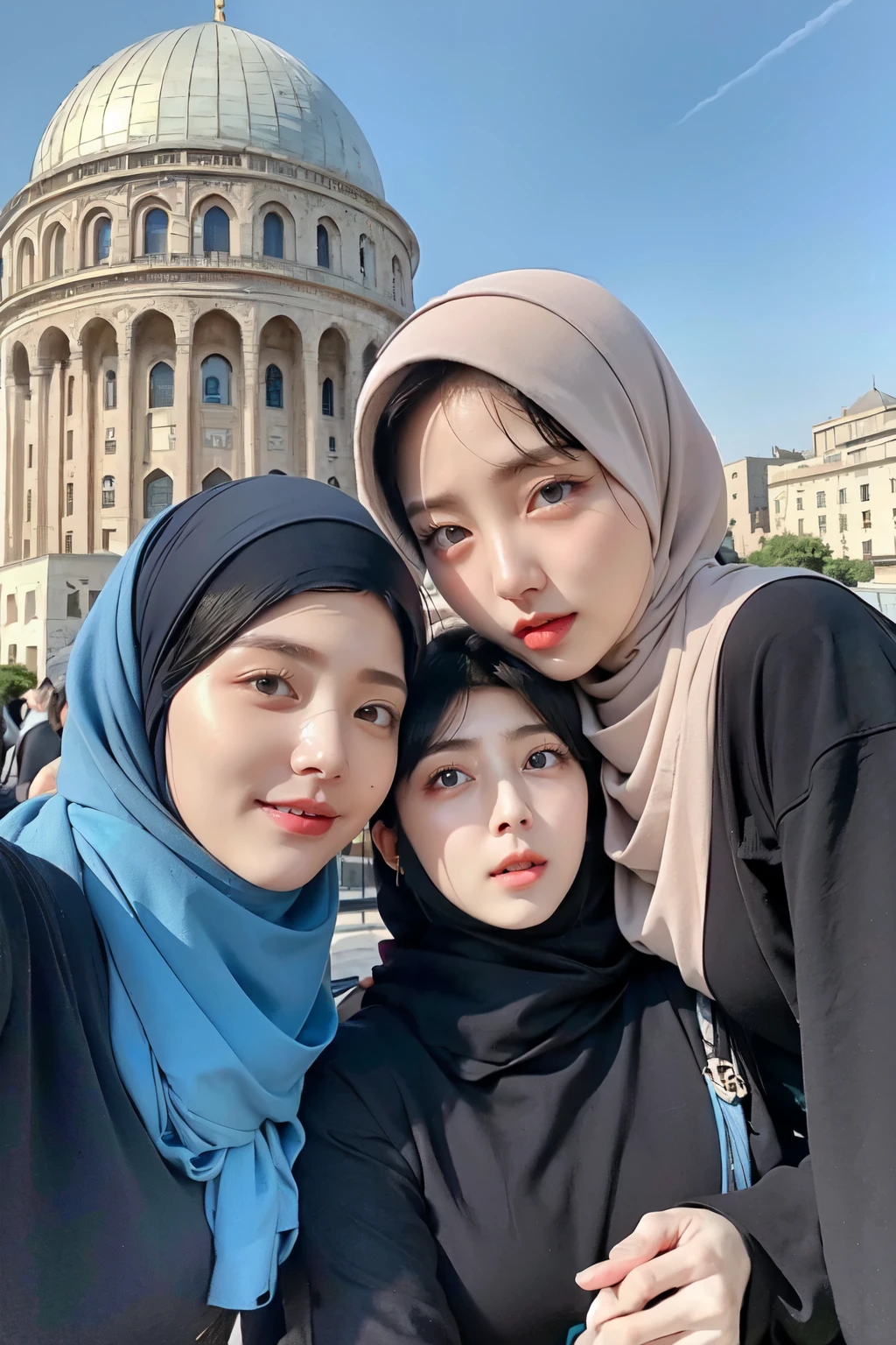 Threesome girls, wear hijabs, ((Best quality, 8k, Masterpiece :1.37), multiple people wear hijab, Big breasts:1.5, (three girl hijabs moslem), Beautiful face, Ultra-HD Face, Face Lighting, Lips laughed lightly, position:Standing, ((Take a photo from below the thigh)), close up photo, (three girls wear hijab muslim), wear hijab muslim, (Undressing Nude figure: 1.3), small pussy, hairy pussy:0.4, (small pussy), small pussy, Realistic Vagina:1:6, tall building background, (Blue sky view, :1.1), face very detailed, detailed red lips, detailed eyes, (korean eyes), double eyelids, detailed nose, detailed legs, (threesome girls wear hijab moslem)