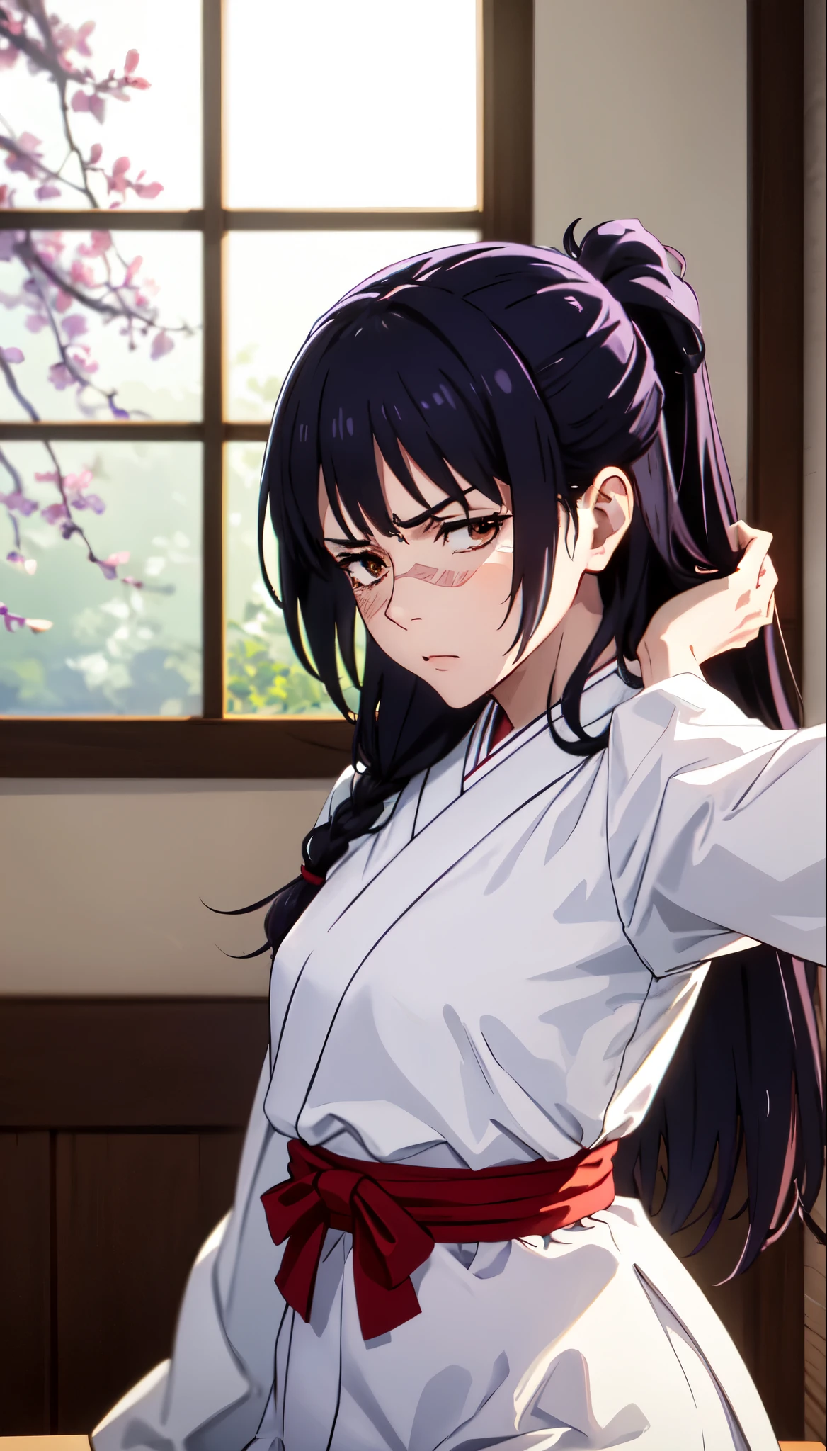 photorealistic, (4k), depth of field, (Masterpiece), (realistic skin texture), extremely detailed, intricate, hyper detailed, professional photography, bokeh, high resolution, sharp detail, best quality, woman, long hair, purple hair, ponytail, brown eyes, scar on face, white hairbow, red hakama, aUtahime, dynamic pose, (arms behind her back),  open window, light rays, windowsill, annoyed,