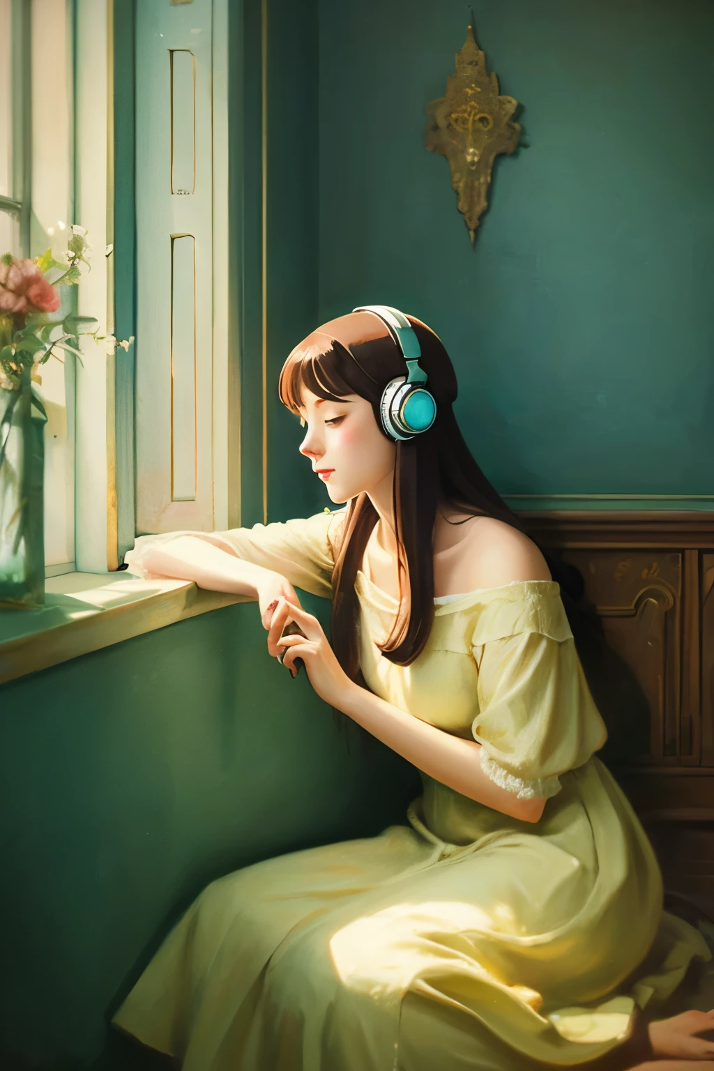 Pretty girl listening to music in a corner of a room, painting, detailed work, delicate, sense of depth, anime style, large room, cluttered