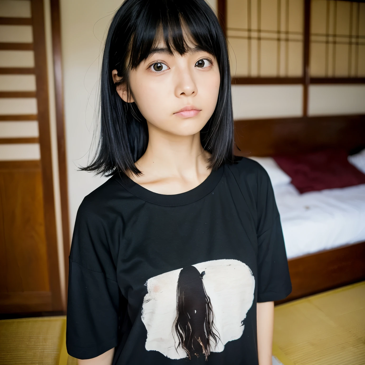 (((1 girl))), ((((alone)))), ((messy hairstyle)), stand and take a photo, (((black hair color)), Of Japanese, In room wear, Cool face