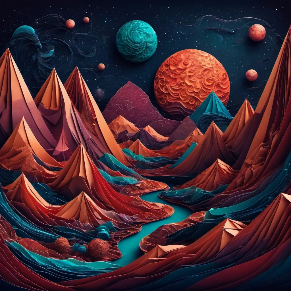 (best quality, highres, ultra sharp), magical alien landscape, mars, about the curvature of space time, round mountains, zentangle lines, art decostyle , full colored, 3d crunch, dark tones,