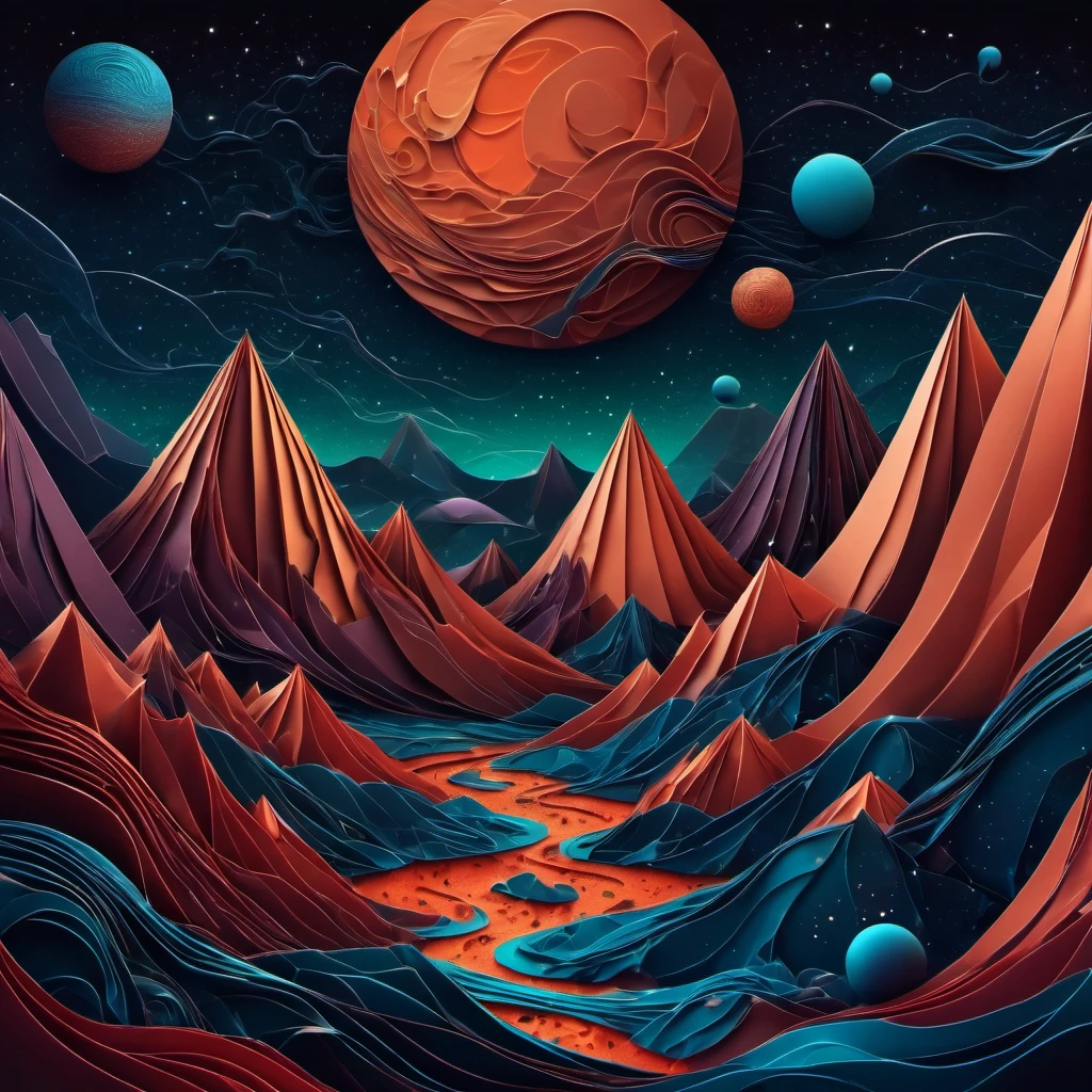 (best quality, highres, ultra sharp), magical alien landscape, mars, about the curvature of space time, round mountains, zentangle lines, art decostyle , full colored, 3d crunch, dark tones,