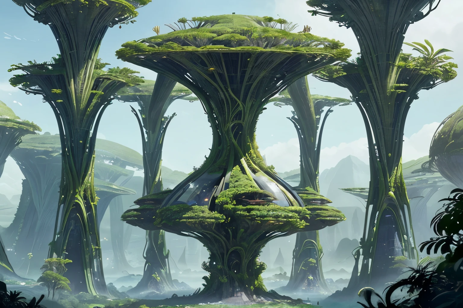 a stunning, futuristic alien world, with exotic vegetation and impressive landscapes that seem like something out of a dream, where peaceful alien creatures dwell in harmony with the lush environment and futuristic and technological constructions. Extremely futuristic and technological architecture