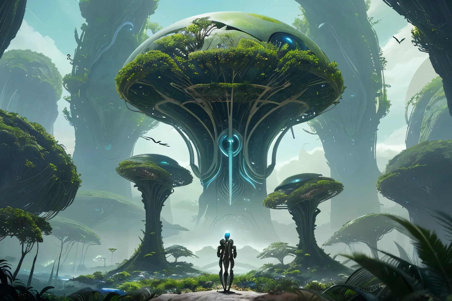 a stunning, futuristic alien world, with exotic vegetation and impressive landscapes that seem like something out of a dream, where peaceful alien creatures dwell in harmony with the lush environment and futuristic and technological constructions. Extremely futuristic and technological architecture