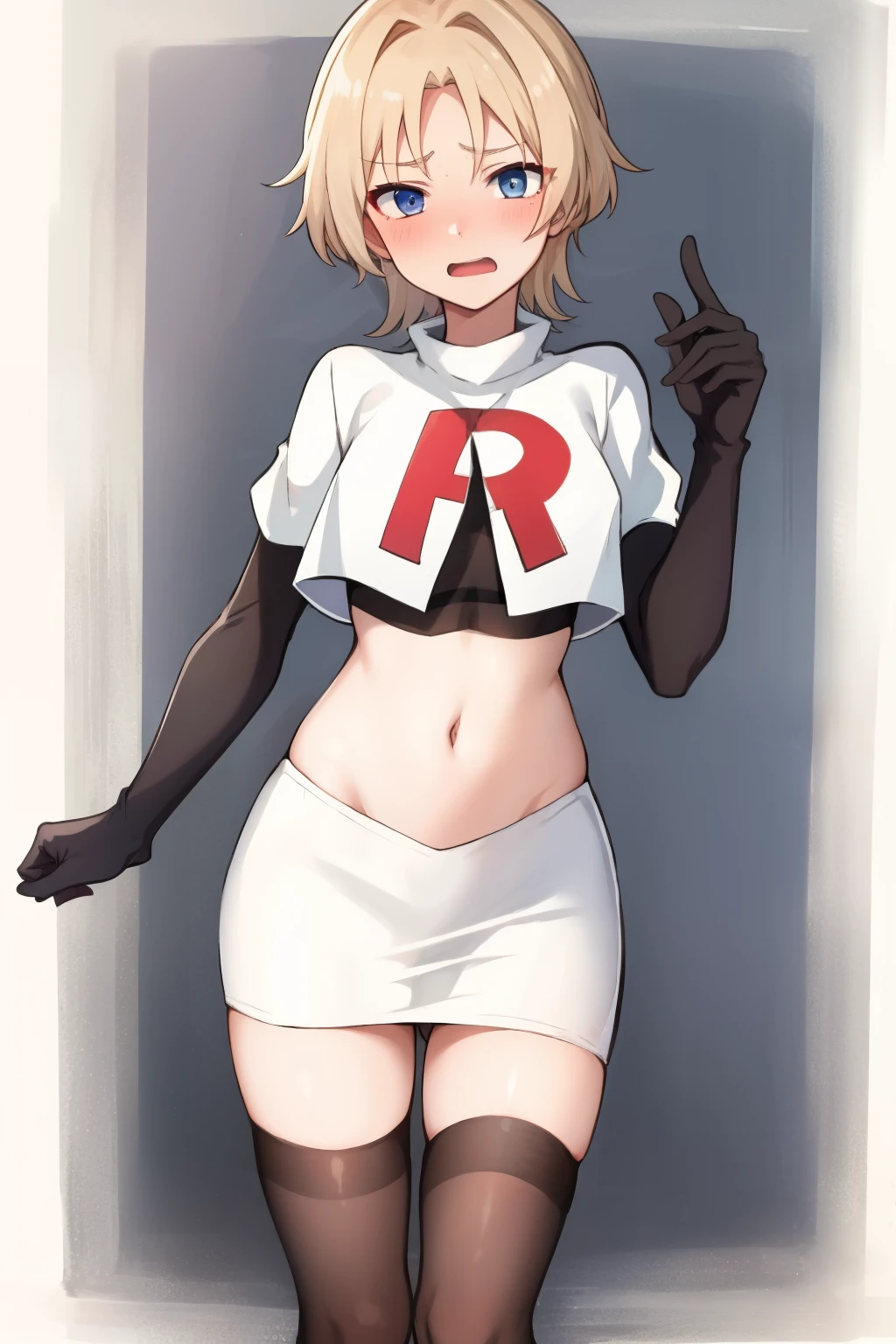 absurdres,masterpiece, trap, best quality, highres, high quality, 1boy, solo, male focus, hair, crossdressing,1boy,team rocket,team rocket uniform,white skirt,red letter R,crop top,black thigh-highs,black elbow gloves, embarrassed, blush