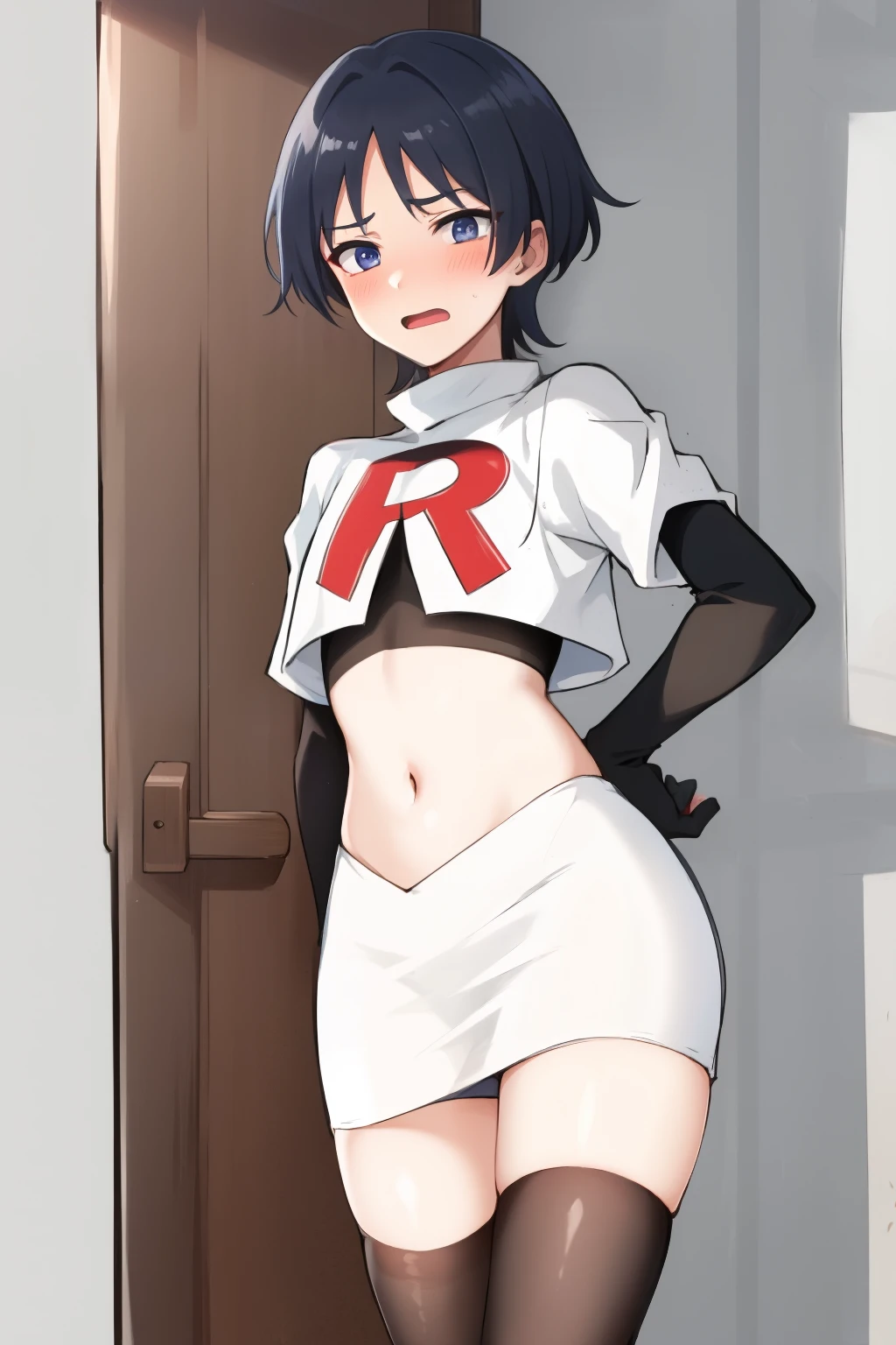 absurdres,masterpiece, trap, best quality, highres, high quality, 1boy, solo, male focus, hair, crossdressing,1boy,team rocket,team rocket uniform,white skirt,red letter R,crop top,black thigh-highs,black elbow gloves, embarrassed, blush