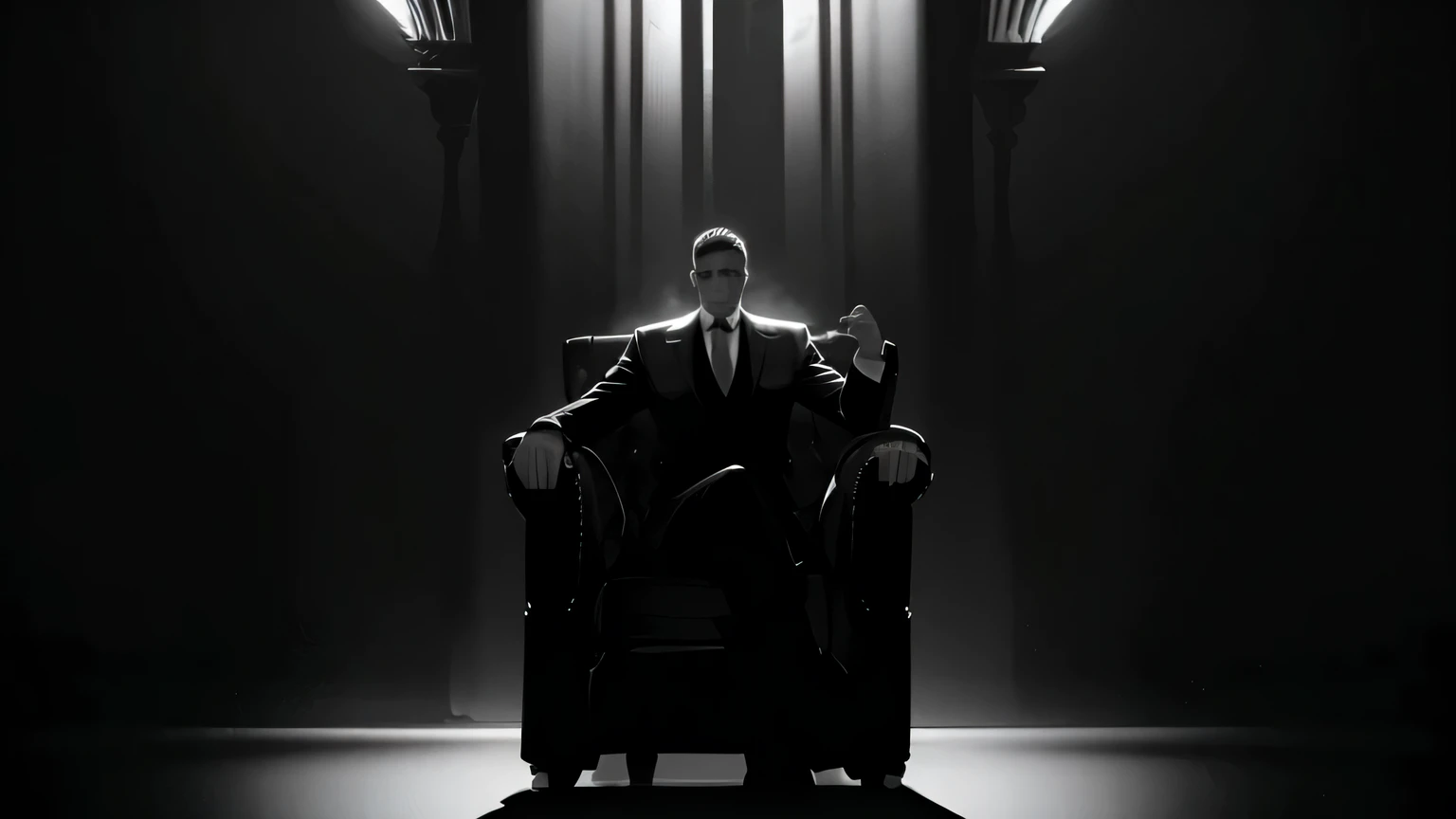 (best quality,4k,highres),dramatic lighting, noir style,shadowed face,serious expression,black-and-white,monochrome:1.2),male figure,comfortable leather chair,strong and confident posture,sharp suit and tie,glimmering light illuminating the scene,mysterious atmosphere,cinematic composition,striking contrast between light and shadow,reflective surface of the obsidian throne,majestic and powerful presence,targeting the camera with an intense gaze, ((Face In Shadow)),half face in shadow, shadow in half face, white man, mistery,