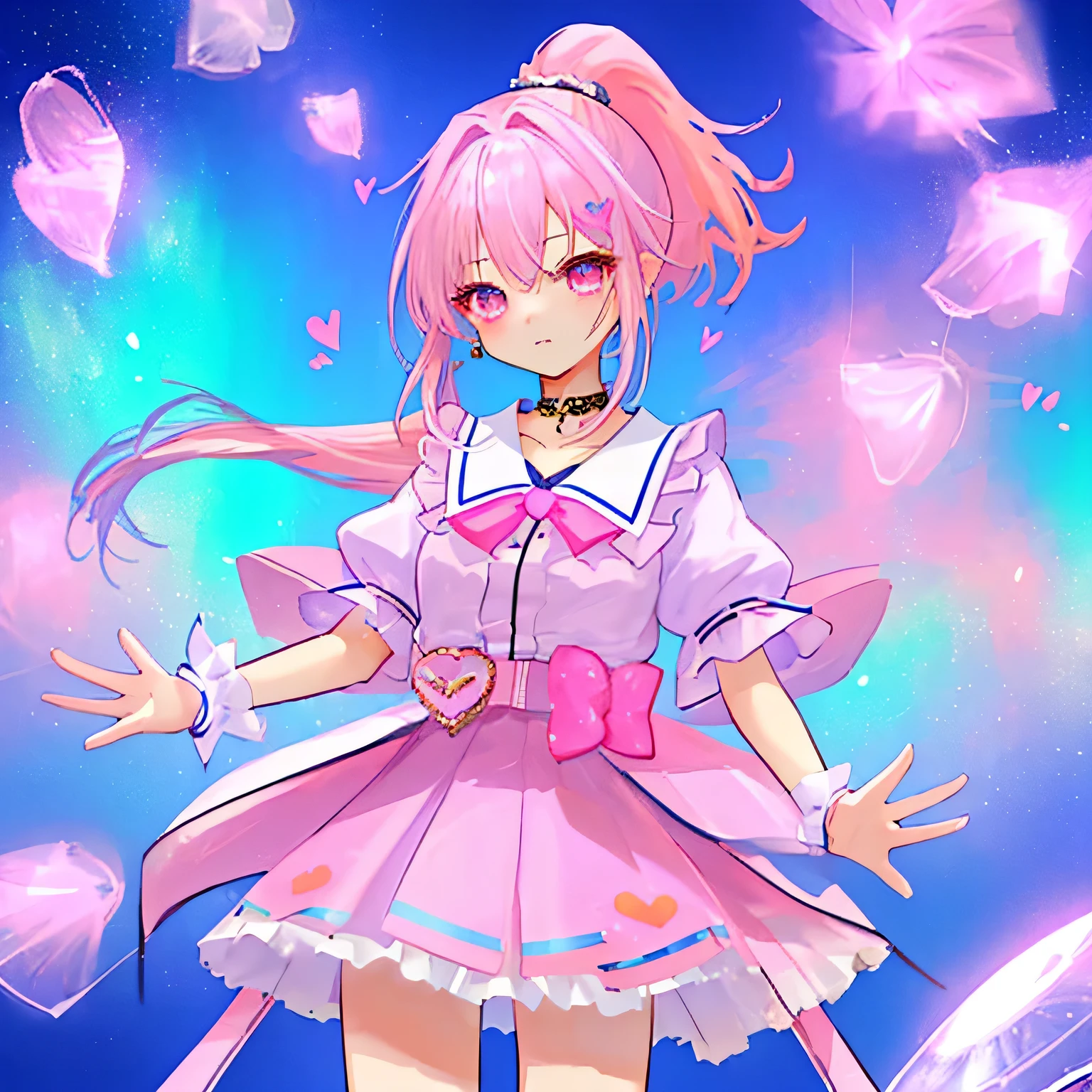 highest quality、Two-dimensional beautiful girl、cute、girl、light pink hair、Hair style is ponytail、lots of races、wearing an idol costume、clothes with pink jewels、cute costume、Original image 8K、Idol、Live、It&#39;s winking at me、clothes with heart jewelry、standing alone、clothes with a collar、Fluffy short sleeves、Fluffy skirt、zoom on face、Super high quality、cute hairstyle