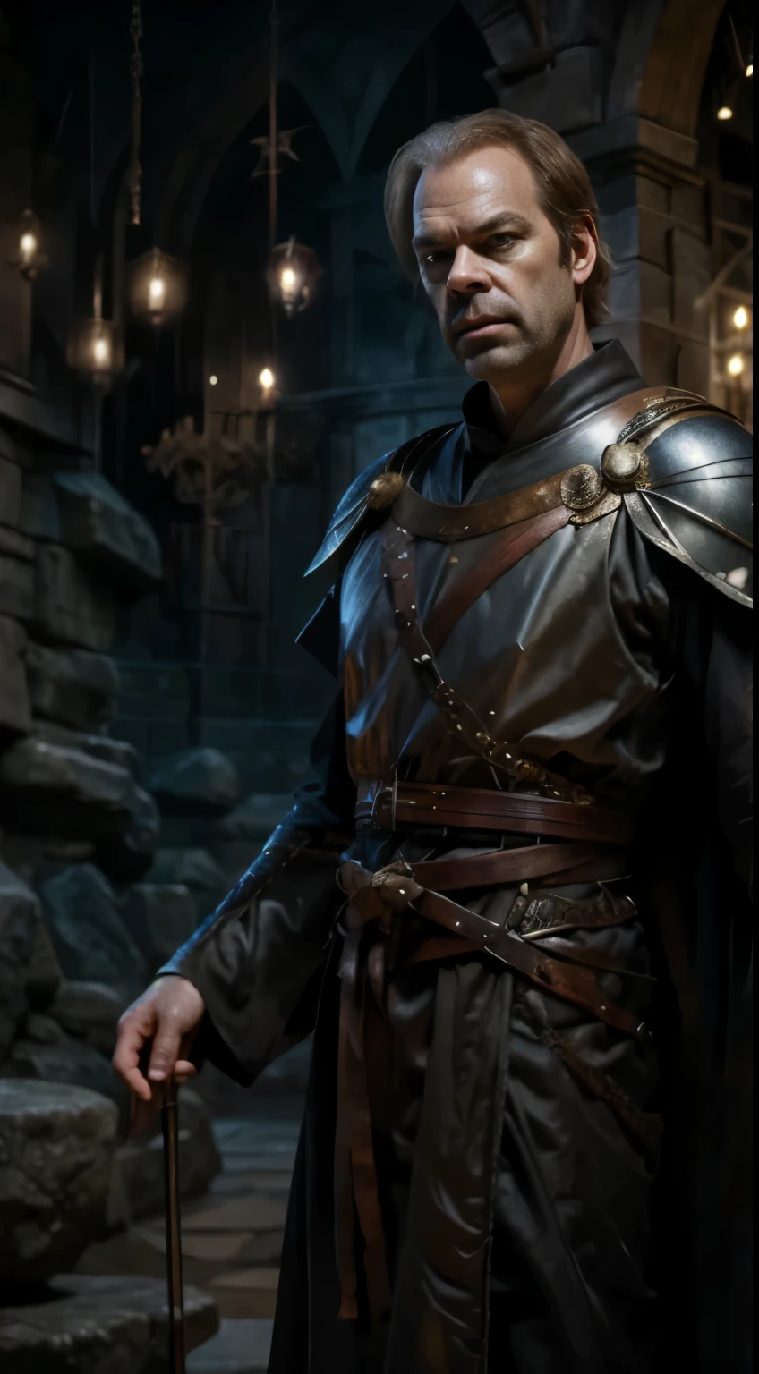 Hugo Weaving as a medieval lord in elegant robes of his time, Medieval knight, red eyes, pale skin, Ranger, cinematic lighting, depth of field, bokeh, realism, photorealistic, hyperrealism, professional photography, uhd, dslr, hdr