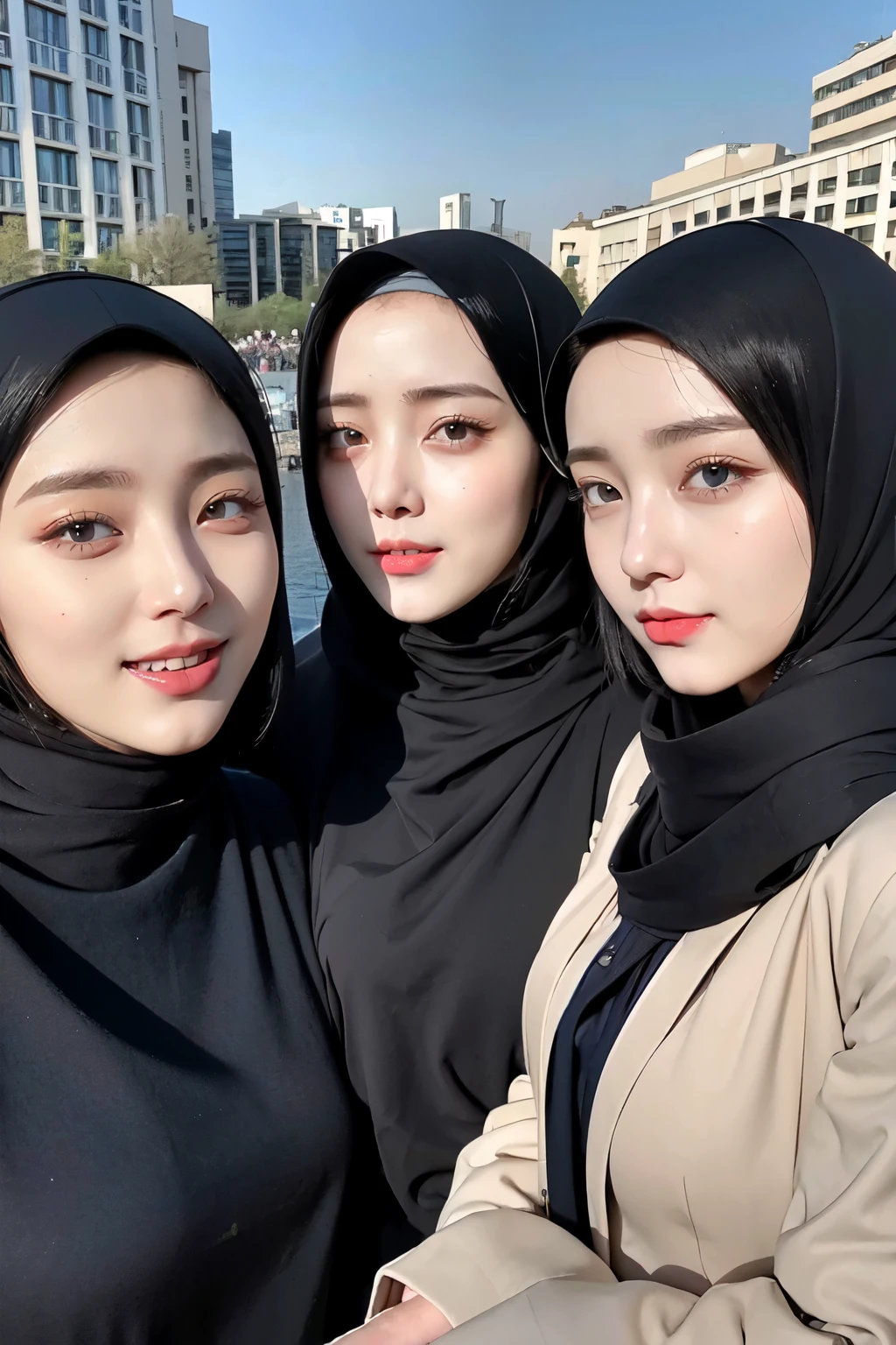 ????????? girls, wear hijab, ((Best quality, 8k, Masterpiece :1.37), multiple people wear hijab, (????????? girl hijabs moslem), ???????????:1.5, Beautiful face, Ultra-HD Face, Face Lighting, Lips laughed lightly, position:?????????:1.5, close up photo, (Photo Full Body), (three girls wear hijab muslim), wear hijab muslim, tall building background, (Blue sky view, :1.1), face very detailed, detailed red lips, detailed eyes, (korean eyes), double eyelids, detailed nose, detailed legs, (????????? girls wear hijab moslem)