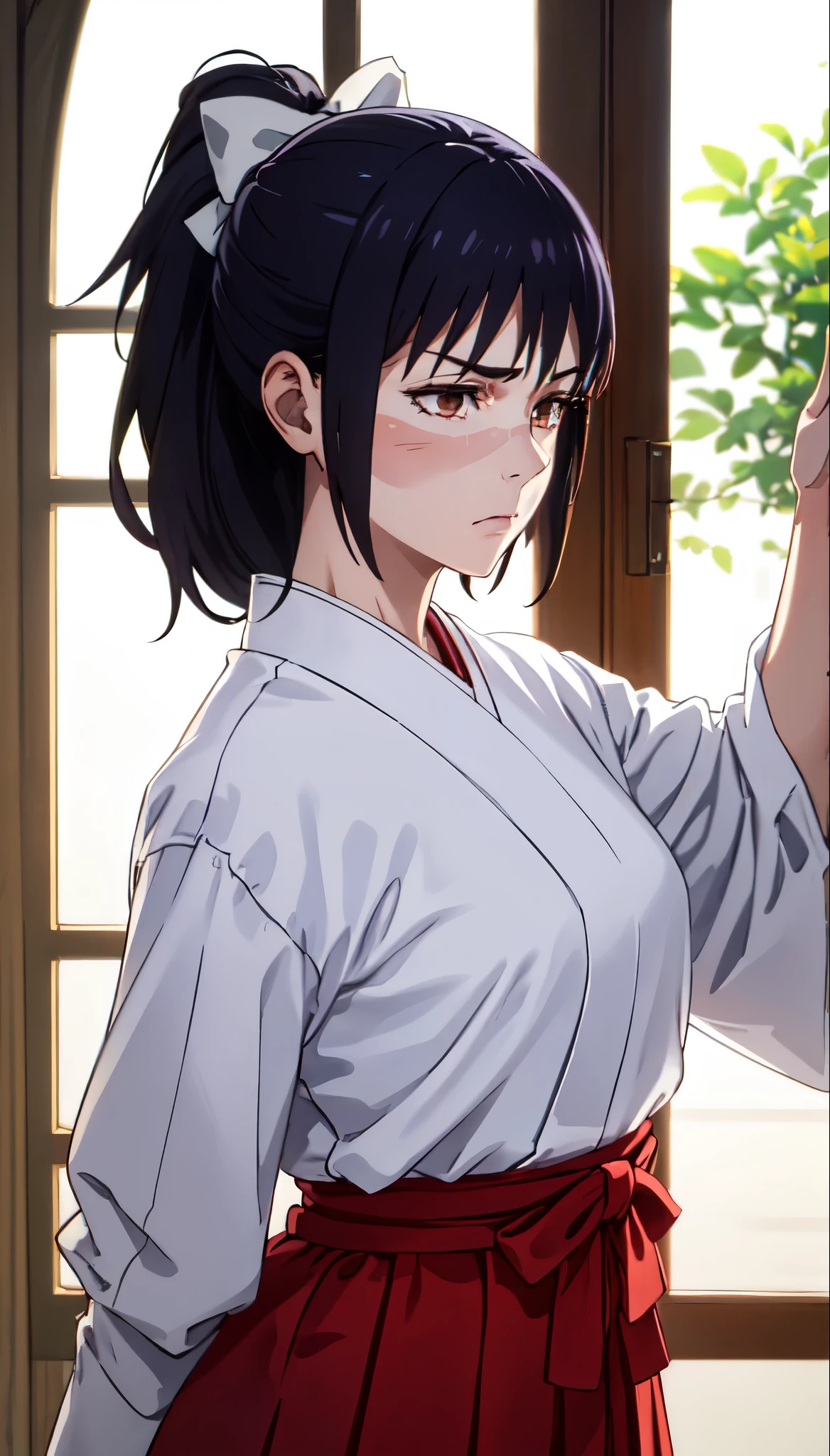 photorealistic, (4k), depth of field, (Masterpiece), (realistic skin texture), extremely detailed, intricate, hyper detailed, professional photography, bokeh, high resolution, sharp detail, best quality, woman, long hair, purple hair, ponytail, brown eyes, scar on face, white hairbow, red hakama, aUtahime, dynamic pose, (arms behind her back),  open window, light rays, windowsill, annoyed,