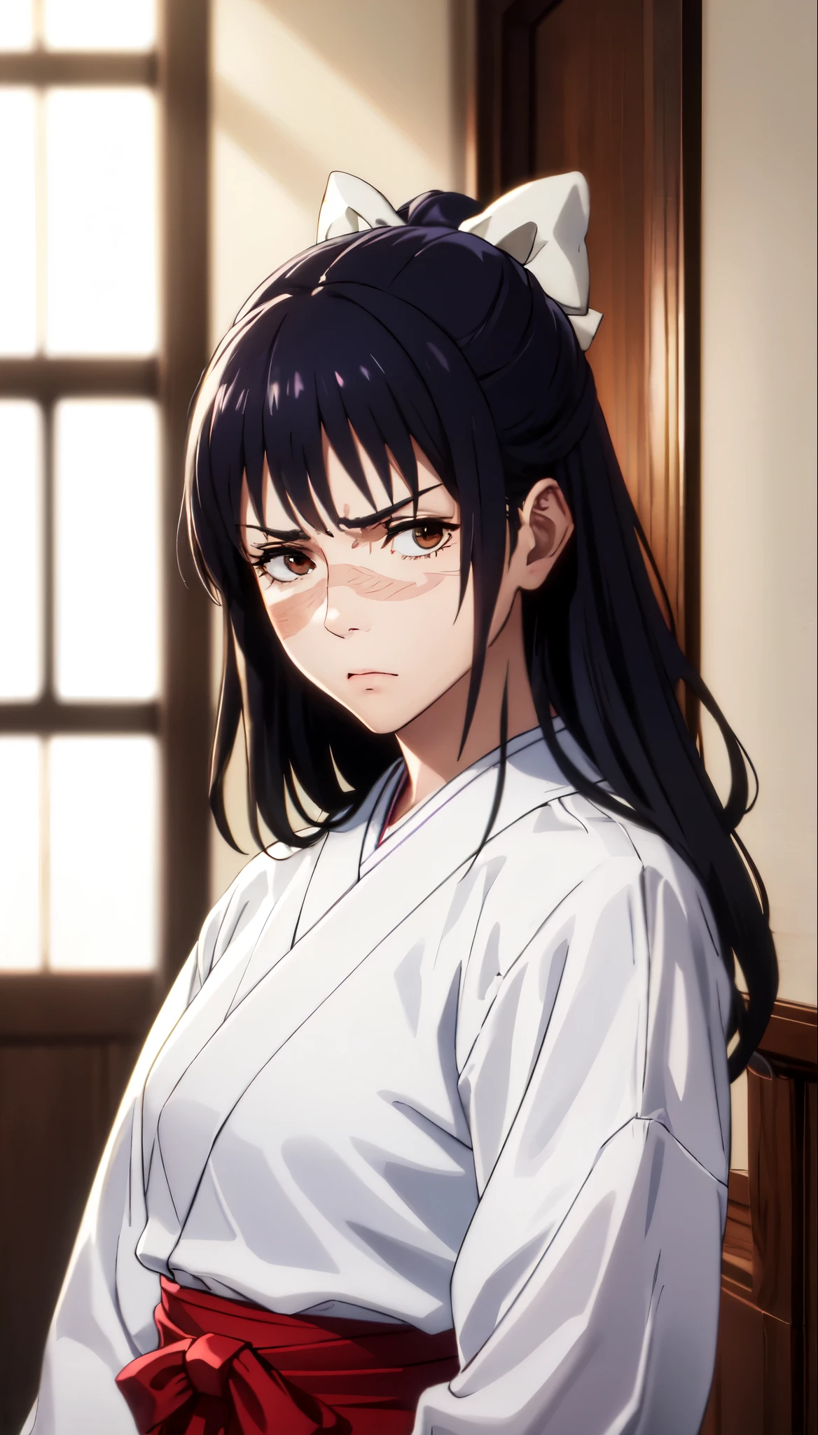 photorealistic, (4k), depth of field, (Masterpiece), (realistic skin texture), extremely detailed, intricate, hyper detailed, professional photography, bokeh, high resolution, sharp detail, best quality, woman, long hair, purple hair, ponytail, brown eyes, scar on face, white hairbow, red hakama, aUtahime, dynamic pose, (arms behind her back),  open window, light rays, windowsill, annoyed,