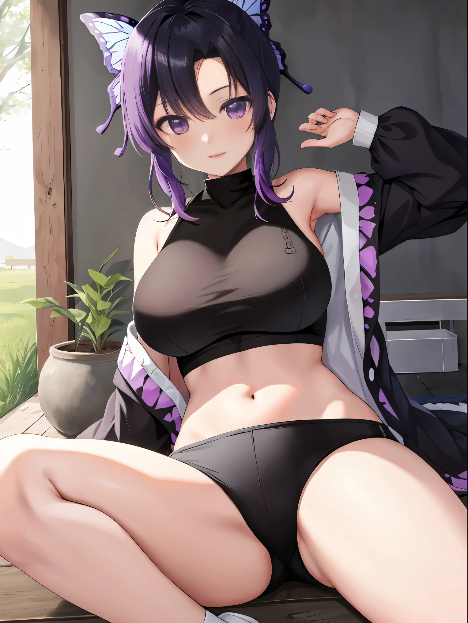 masutepiece, Best Quality, hight resolution, 1girl in, solo, kochou shinobu, Decorate your hair with butterflies, violet eyes, Multi-colored hair, Short hair, Parted bangs, Short shorts, open one's legs, Skirt, Turtleneck Top, Navel Ejection, outside of house, Erotica, large full breasts, Sateen, show through, Black pants