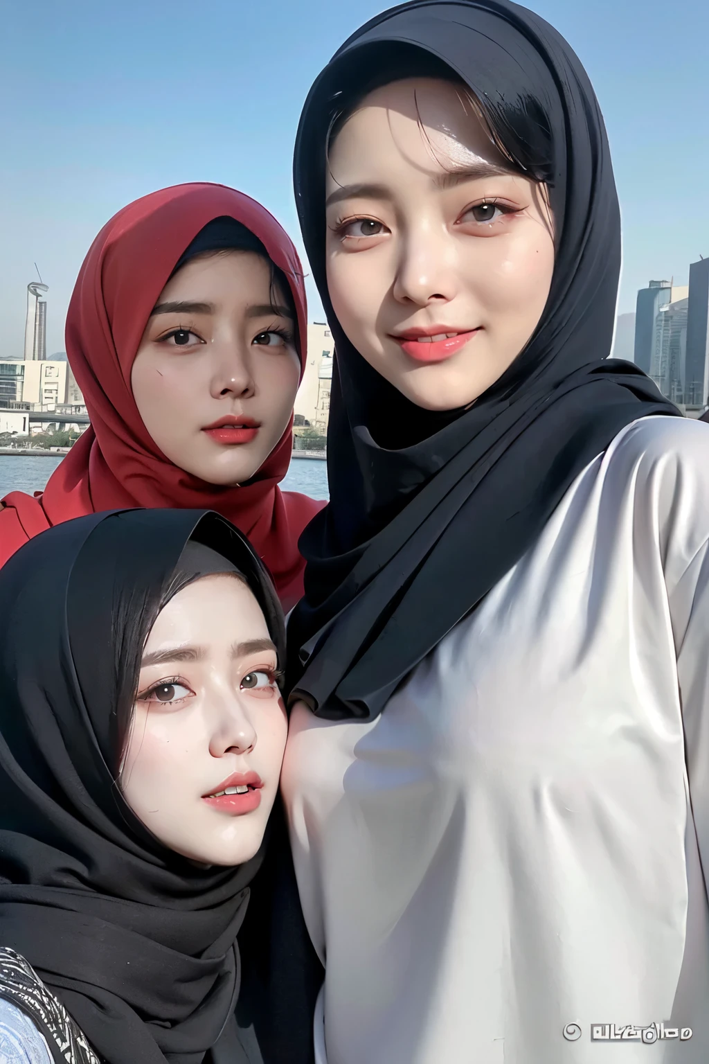 Threesome girls, wear hijab, ((Best quality, 8k, Masterpiece :1.37), multiple people wear hijab, (threesome girl hijabs moslem), Big Breasts:1.5, Beautiful face, Ultra-HD Face, Face Lighting, Lips laughed lightly, position:Open Legs:1.5, close up photo, (Photo Full Body), (three girls wear hijab muslim), wear hijab muslim, tall building background, (Blue sky view, :1.1), face very detailed, detailed red lips, detailed eyes, (korean eyes), double eyelids, detailed nose, detailed legs, (threesome girls wear hijab moslem)
