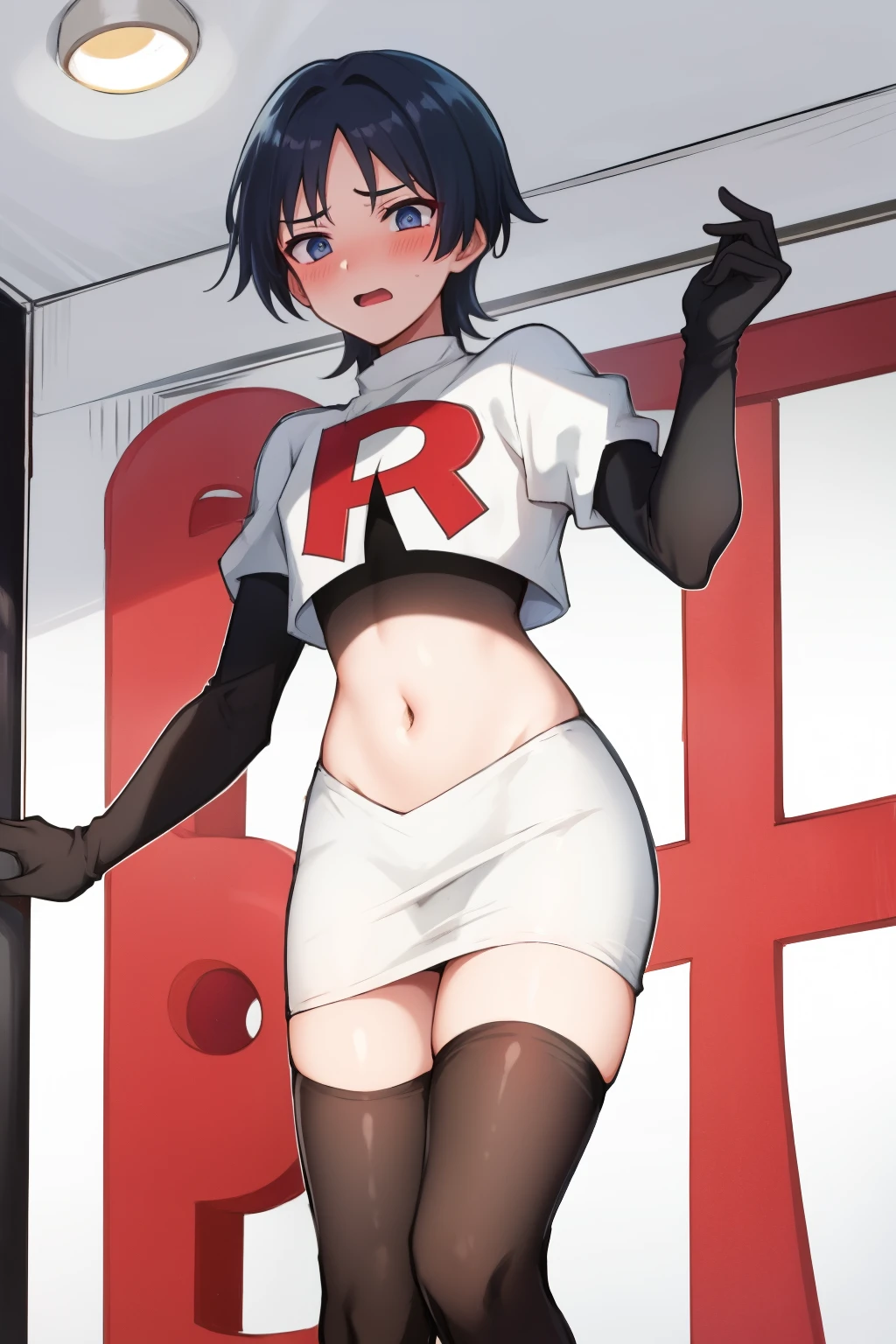 absurdres,masterpiece, trap, best quality, highres, high quality, 1boy, solo, male focus, hair, crossdressing,1boy,team rocket,team rocket uniform,white skirt,red letter R,crop top,black thigh-highs,black elbow gloves, embarrassed, blush