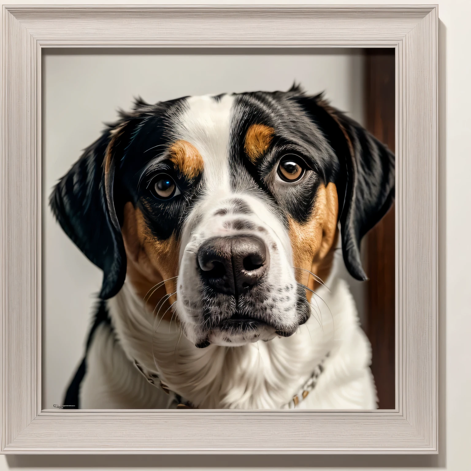 in a room with a white wall there hangs a painting with a dark wooden frame with a close-up photo of a happy dog, realista, photographic, detalhado, 8k