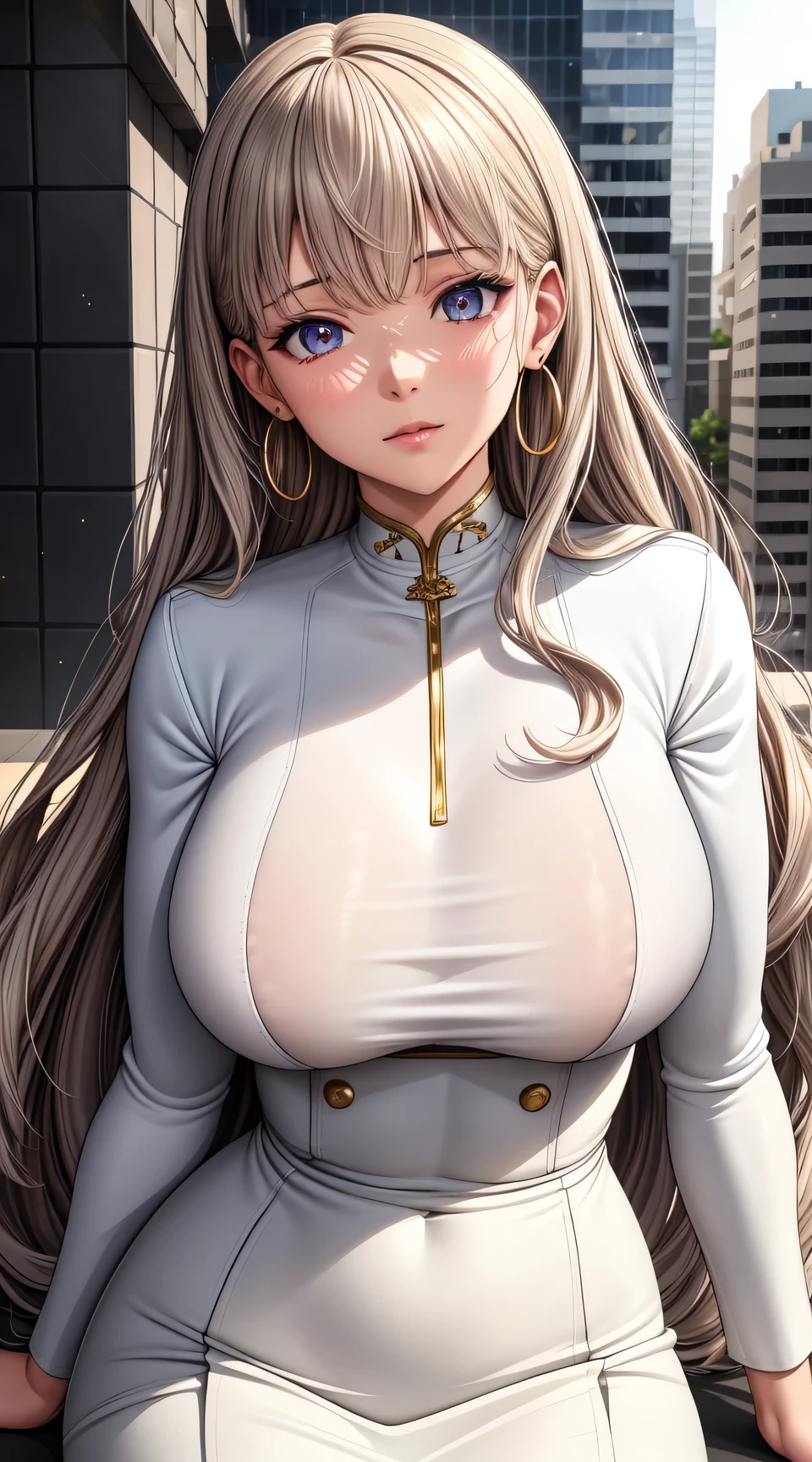 (best quality:1.5, highres, UHD, 4K, detailed lighting, shaders), ( high quality eyes), ( high quality fingers), gray curly haired, gradient hair, large breasts, gold suit, white shirt, social shirt, white short skirt, mature woman , (pov), white background, colorful eyeshadow, dramatic lighting, sparkling eyes, sensual expression, golden earrings, flowing hair, delicate facial features, soft metallic skin, high cheekbones, urban setting, white background, dont look for the camera, lean forward, behind the camera