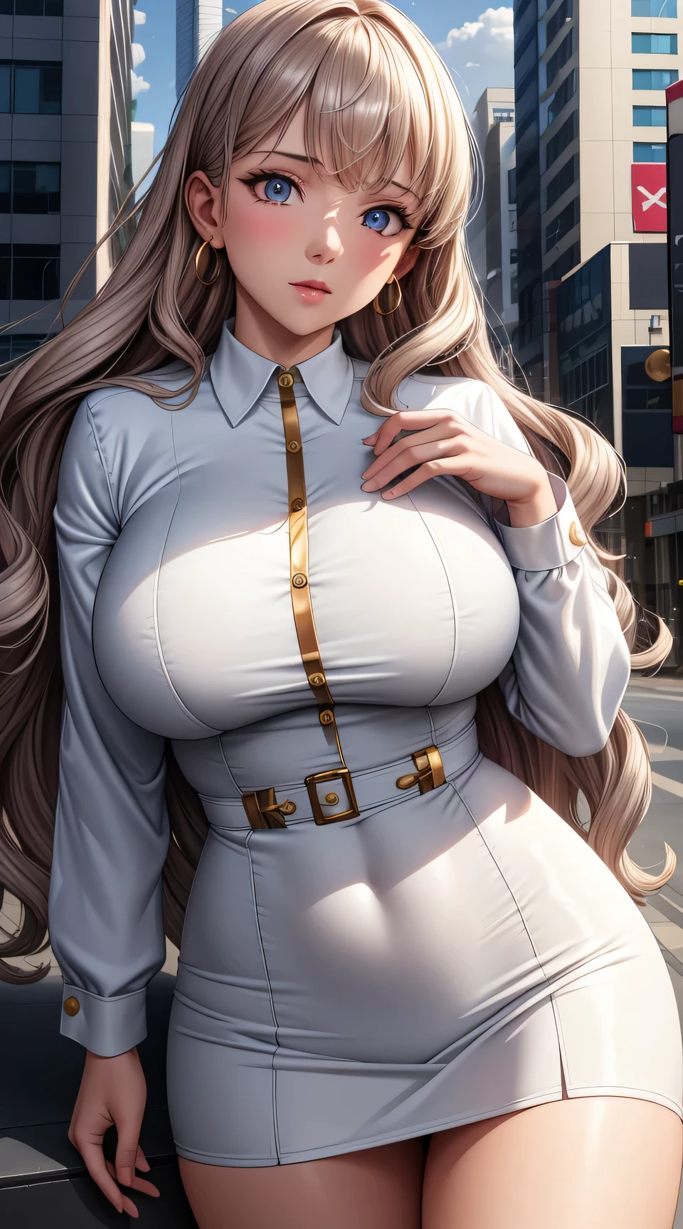 (best quality:1.5, highres, UHD, 4K, detailed lighting, shaders), ( high quality eyes), ( high quality fingers), gray curly haired, gradient hair, large breasts, gold suit, white shirt, social shirt, white short skirt, mature woman , (pov), white background, colorful eyeshadow, dramatic lighting, sparkling eyes, sensual expression, golden earrings, flowing hair, delicate facial features, soft metallic skin, high cheekbones, urban setting, white background, dont look for the camera, lean forward,  behind  the camera