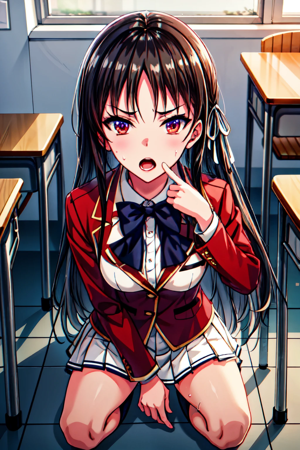 ((best quality)), ((masterpiece)), (detailed), perfect face, 1girl, pettied highschool girl, black hair, red/purple eyes, white shirt, white mini skirt, red jacket, black stockings, kneeling on a floor in a classroom, looking up at viewer, flushed cheeks, drops of sweat rolling down her face, looking embarressed, open mouth, detailed, 8k, high resolution, masterpiece, sakayanagi arisu, classroom of the elite, full body