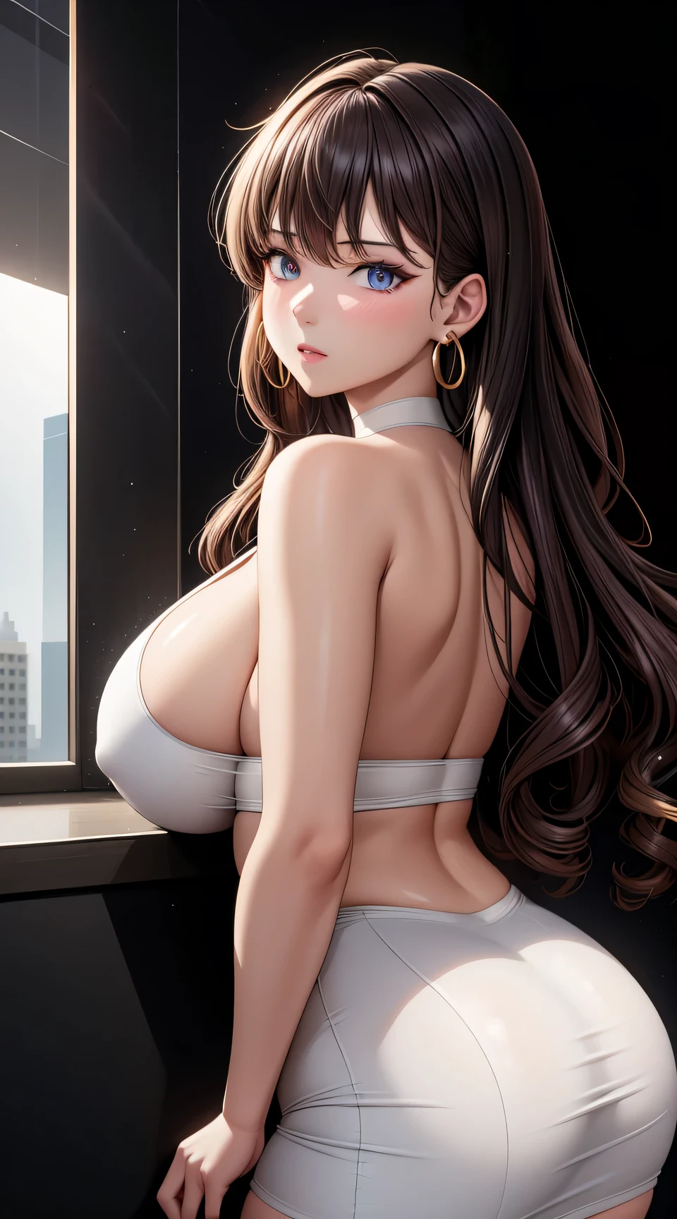 (best quality:1.5, highres, UHD, 4K, detailed lighting, shaders), ( high quality eyes), ( high quality fingers), gray curly haired, gradient hair, big breasts, big butt,  big thighs, gold suit, white shirt, social shirt, white short skirt, mature woman , (pov), black background, colorful eyeshadow, dramatic lighting, sparkling eyes, sensual expression, golden earrings, flowing hair, delicate facial features, soft metallic skin, high cheekbones, urban setting, black background, dont look for the camera, lean forward,  behind  the camera