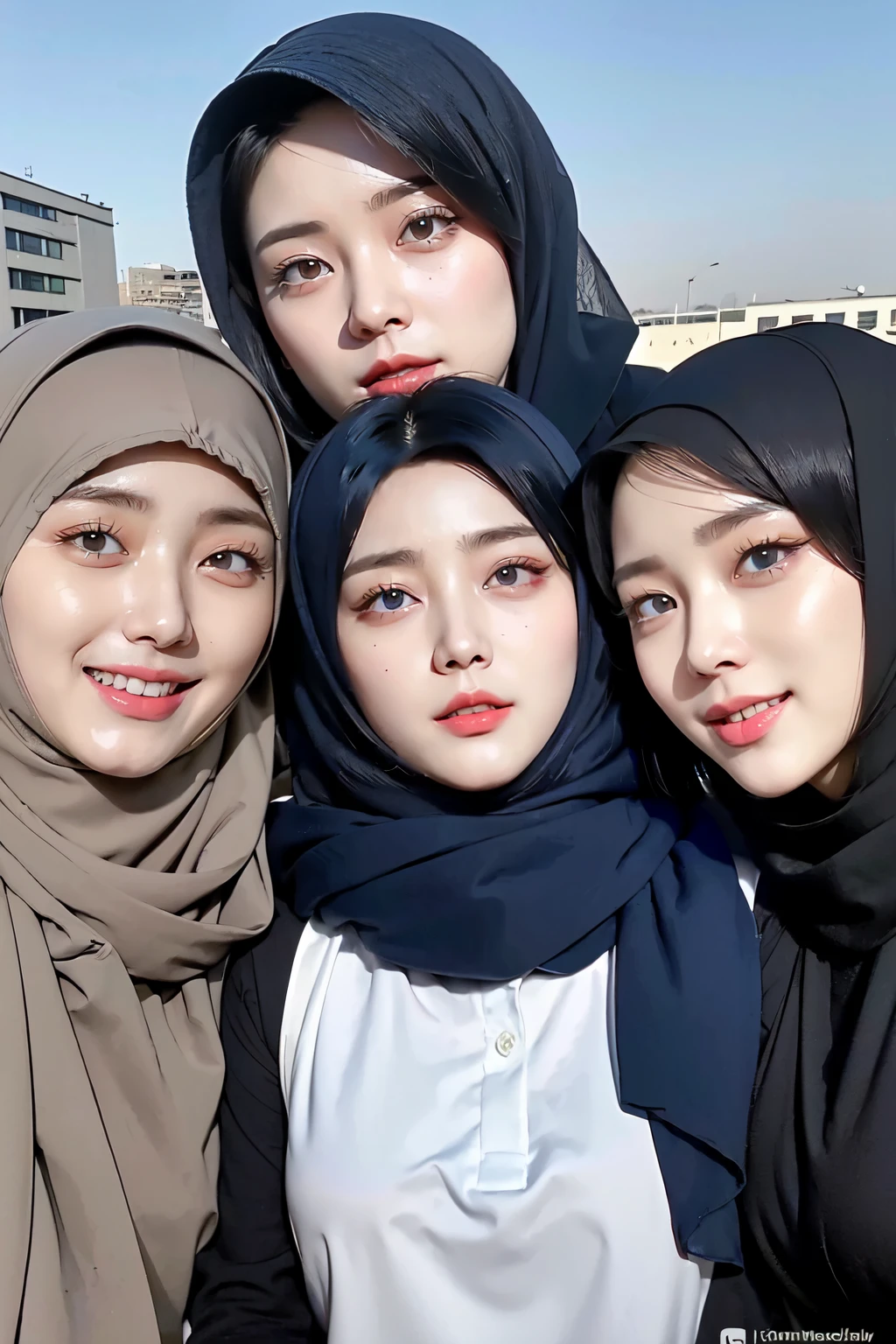 ????????? girls, wear hijab, ((Best quality, 8k, Masterpiece :1.37), multiple people wear hijab, (????????? girl hijabs moslem), Big Breasts:1.5, Beautiful face, Ultra-HD Face, Face Lighting, Lips laughed lightly, position:Open Legs:1.5, close up photo, (Photo Full Body), (three girls wear hijab muslim), wear hijab muslim, tall building background, (Blue sky view, :1.1), face very detailed, detailed red lips, detailed eyes, (korean eyes), double eyelids, detailed nose, detailed legs, (????????? girls wear hijab moslem)