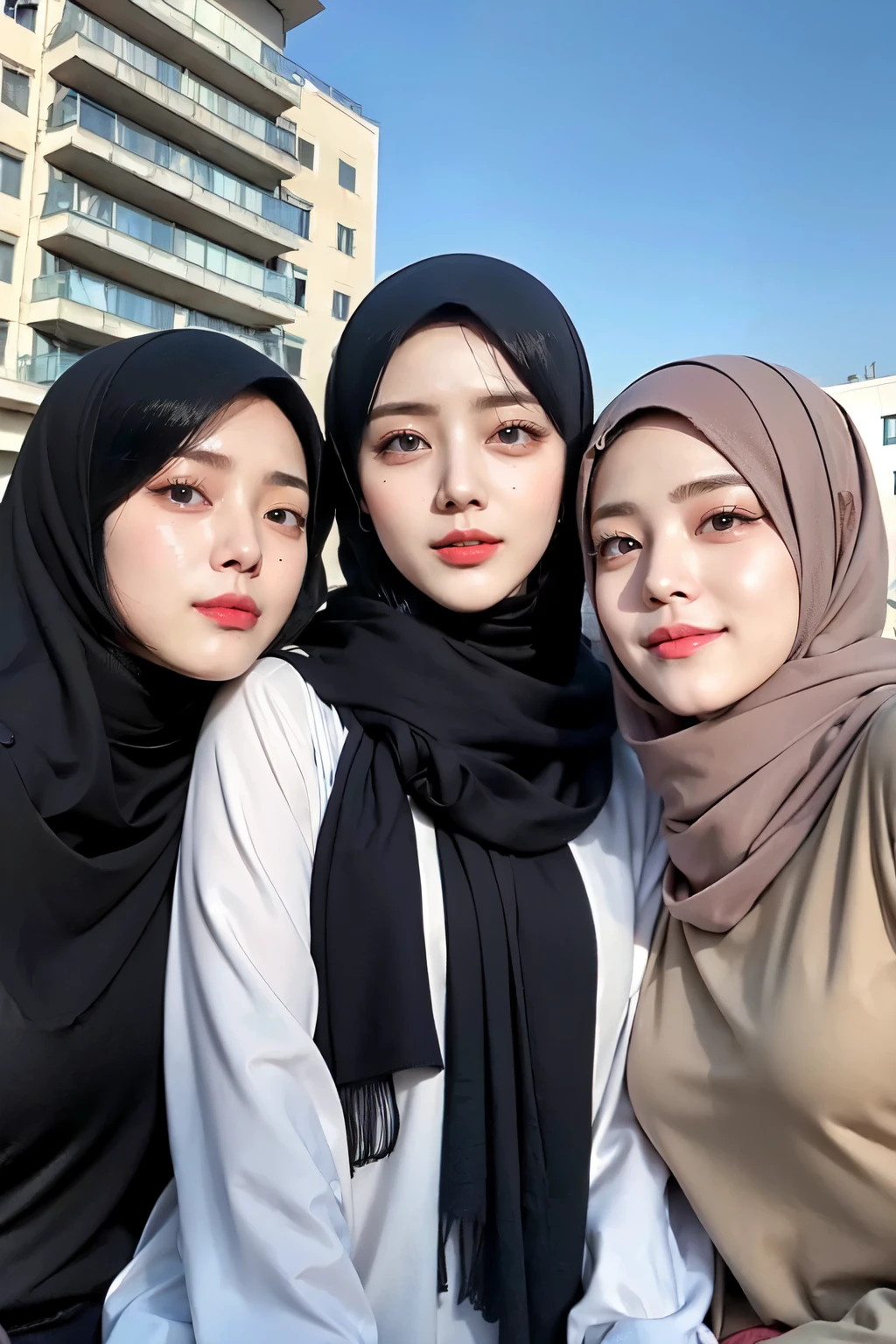 Threesome girls, wear hijab, ((Best quality, 8k, Masterpiece :1.37), multiple people wear hijab, (threesome girl hijabs moslem), Big Breasts:1.5, Beautiful face, Ultra-HD Face, Face Lighting, Lips laughed lightly, position:Open Legs:1.5, close up photo, (Photo Full Body), (three girls wear hijab muslim), wear hijab muslim, tall building background, (Blue sky view, :1.1), face very detailed, detailed red lips, detailed eyes, (korean eyes), double eyelids, detailed nose, detailed legs, (threesome girls wear hijab moslem)