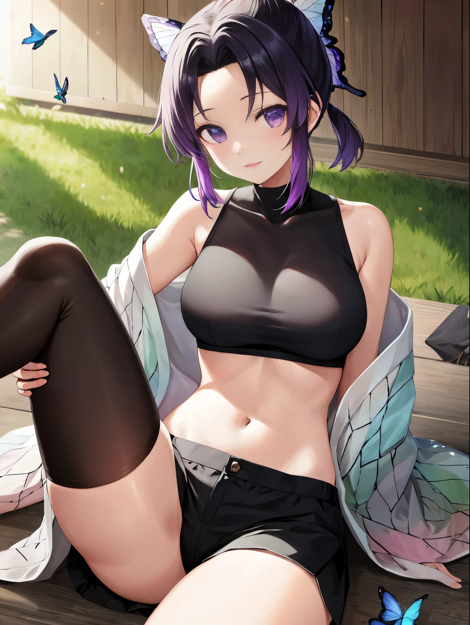 masutepiece, Best Quality, hight resolution, 1girl in, solo, kochou shinobu, Decorate your hair with butterflies, violet eyes, Multi-colored hair, Short hair, Parted bangs, Short shorts, open one's legs, Skirt, Turtleneck Top, Navel Ejection, outside of house, Erotica, large full breasts, Sateen, show through, Black pants