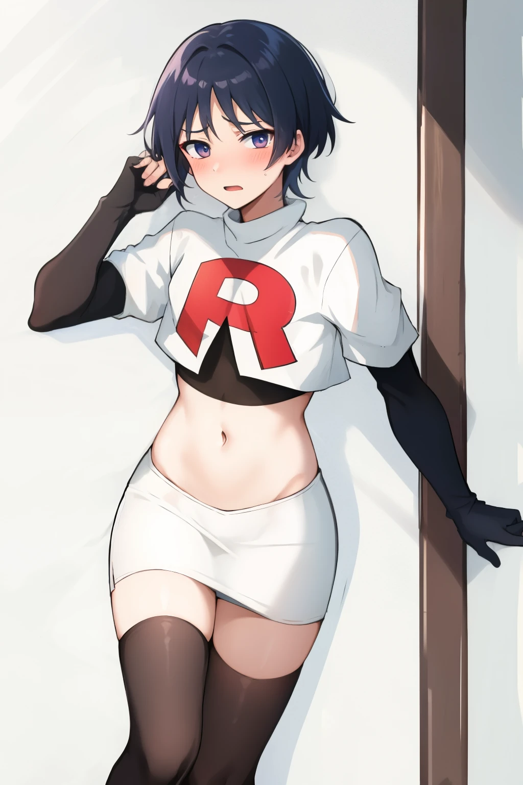 absurdres,masterpiece, trap, best quality, highres, high quality, 1boy, solo, male focus, hair, crossdressing,1boy,team rocket,team rocket uniform,white skirt,red letter R,crop top,black thigh-highs,black elbow gloves, embarrassed, blush