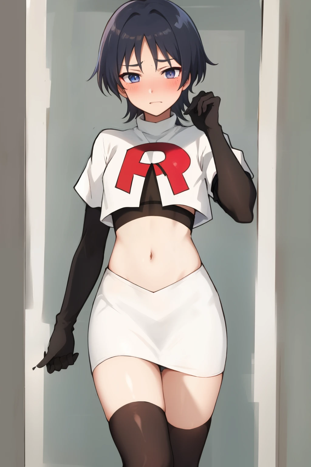 absurdres,masterpiece, trap, best quality, highres, high quality, 1boy, solo, male focus, hair, crossdressing,1boy,team rocket,team rocket uniform,white skirt,red letter R,crop top,black thigh-highs,black elbow gloves, embarrassed, blush