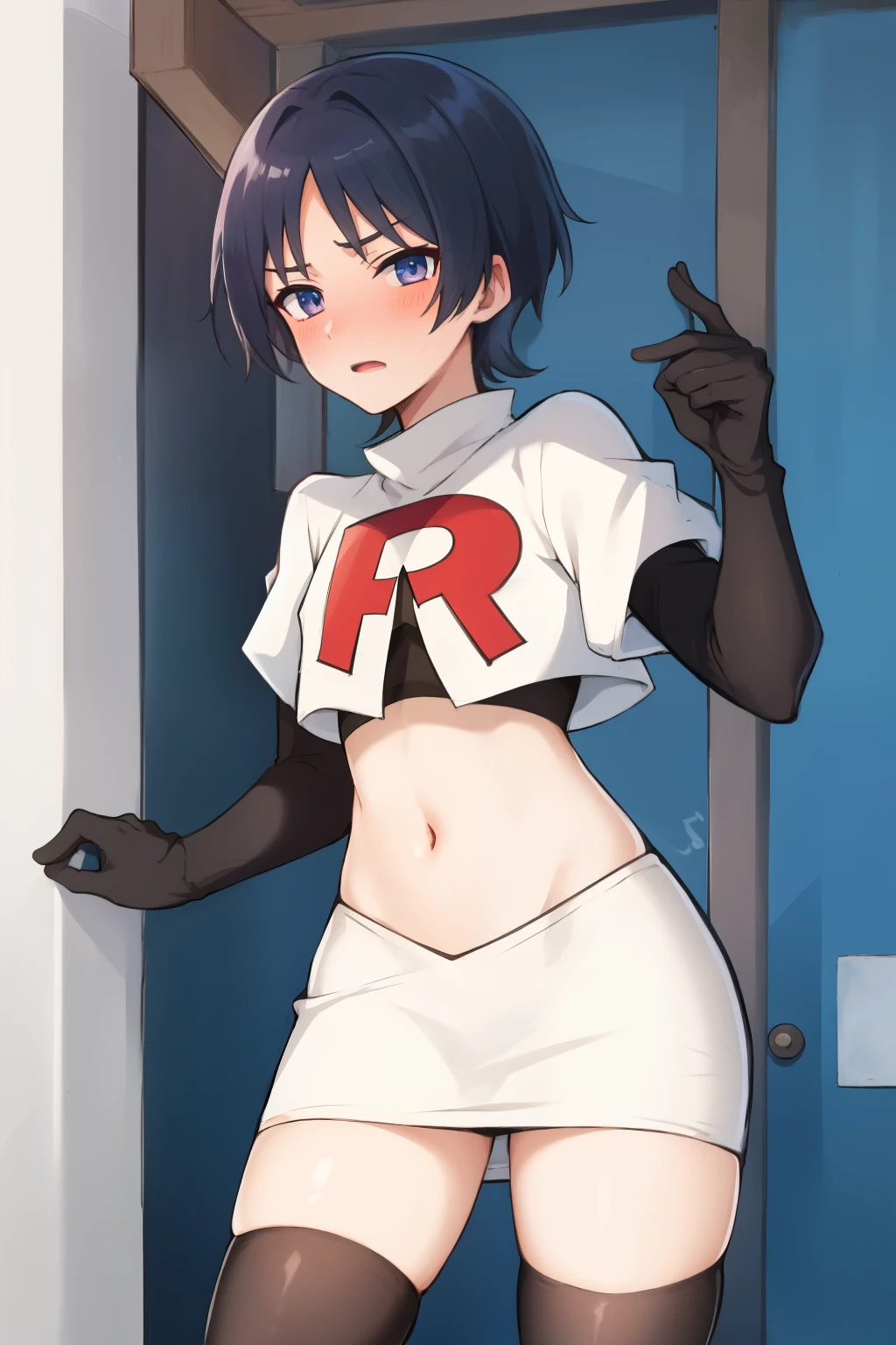 absurdres,masterpiece, trap, best quality, highres, high quality, 1boy, solo, male focus, hair, crossdressing,1boy,team rocket,team rocket uniform,white skirt,red letter R,crop top,black thigh-highs,black elbow gloves, embarrassed, blush