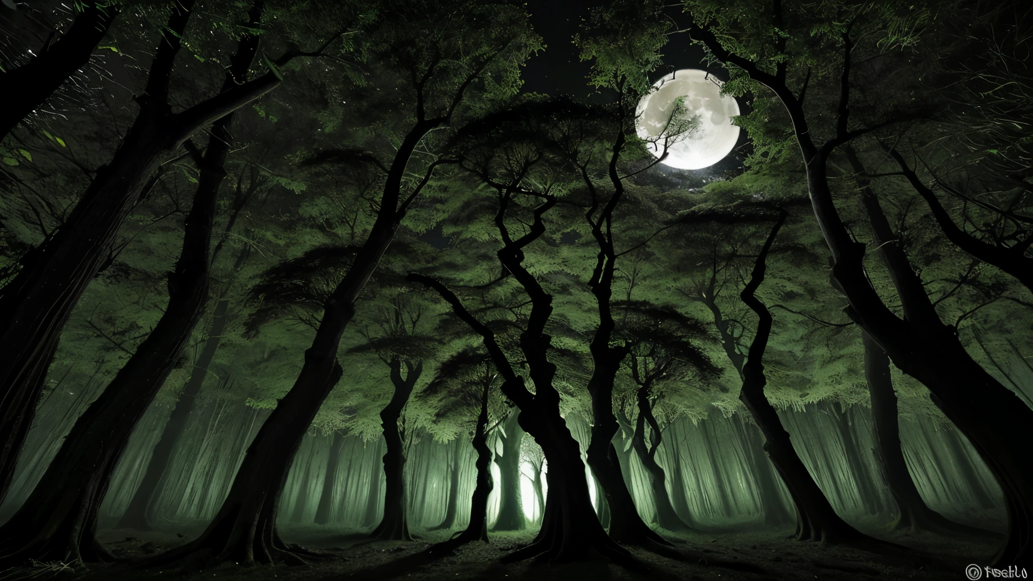 floresta densa com muitas arvores, cursed, anoite, chovendo, full moon in the sky