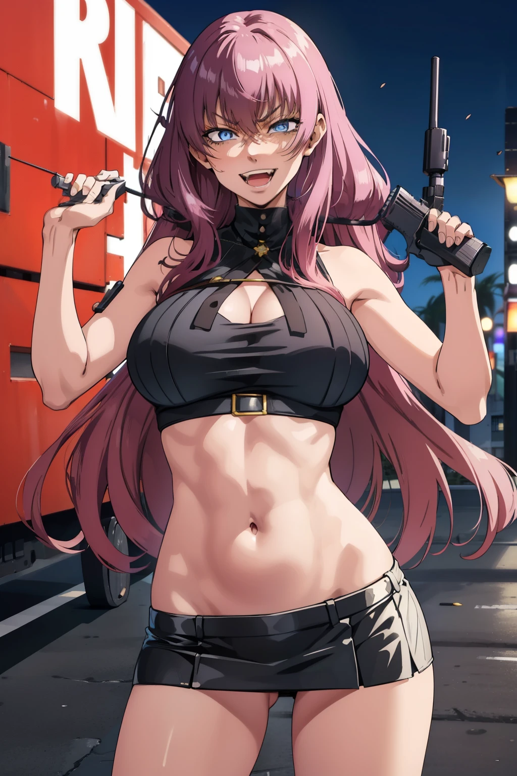 ROBERTA, 1GIRL, SOLO, LONG HAIR, BLACK HAIR, , VERY LONG HAIR, BLUE EYES, LOW-TIED LONG HAIR, masterpiece, best quality, highly detailed, a girls with a gun, open mouth, blazer, sexy gaze, (nsfw) not
safe for work, badass pose , evil smile, smile, black bra, anime girl with long hair, long haired girl,
navel, evil expression, exposed belly, exposed navel, exposed midriff, exposed lower belly, micro
miniskirt, micro pencil skirt, pencil skirt ,holding a gun, outdoor,street,road