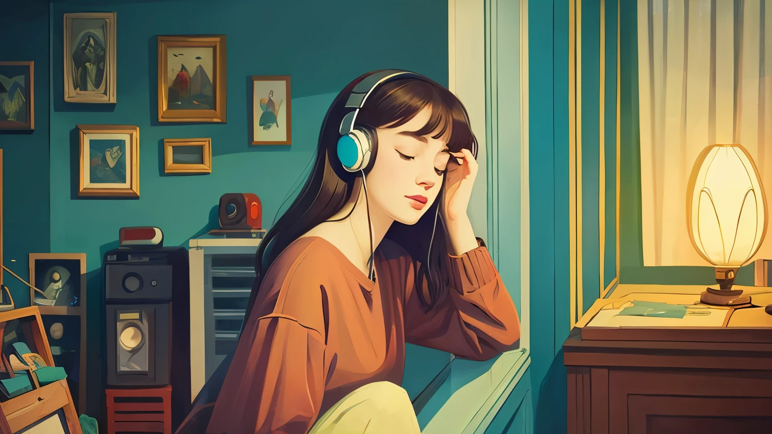 Face, pretty 17 year old girl listening to music in a corner of a room, painting, detailed work, delicate, depth, cartoon style, large room, cluttered, immersed, colorful, urban, urban center, cutting edge


