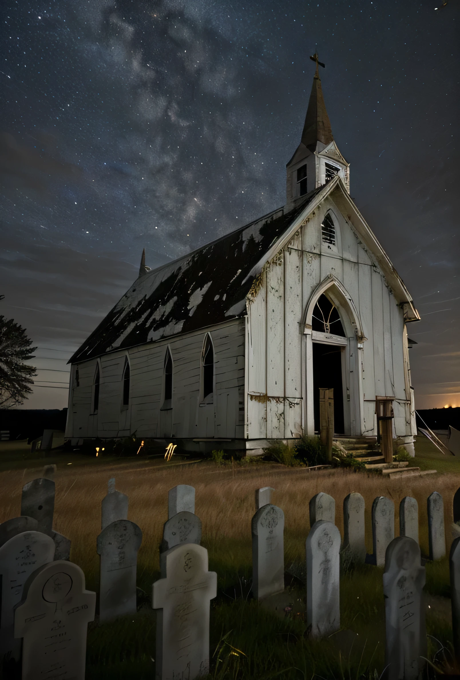 andrew wythe style, very old neglected church, white wood siding, deteriorated, out in a field, graveyard, night time