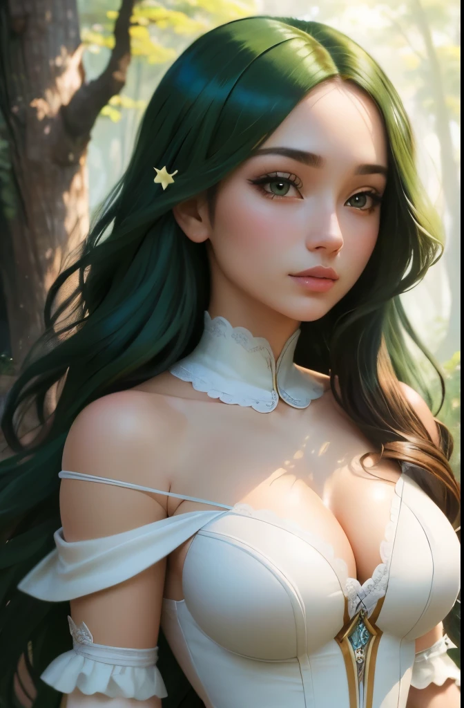 ((Melhor qualidade)), ((obra de arte)), (detalhado), (estilo anime artgerm lau), (uau), (Sandro Botticelli), (amazing detalhado background), (dynamic artistic cinematic lighting), uma linda garota com longos cabelos ruivos, (olhos verdes brilhantes), usando um vestido longo branco com mangas compridas, rosto oval de porcelana, magic writing forest background, in artistic and neutral tones.