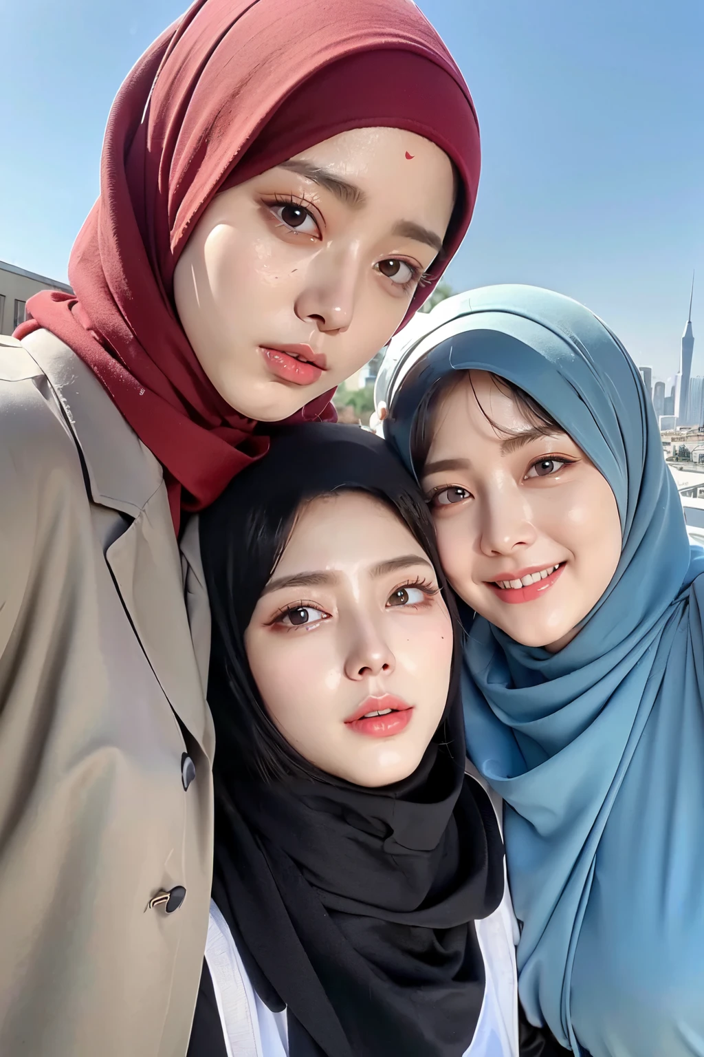Threesome girls, wear hijab, ((Best quality, 8k, Masterpiece :1.37), multiple people wear hijab, (threesome girl hijabs moslem), Big Breasts:1.5, Beautiful face, Ultra-HD Face, Face Lighting, Lips laughed lightly, position:Open Legs:1.5, close up photo, (Photo Full Body), (three girls wear hijab muslim), wear hijab muslim, tall building background, (Blue sky view, :1.1), face very detailed, detailed red lips, detailed eyes, (korean eyes), double eyelids, detailed nose, detailed legs, (threesome girls wear hijab moslem)