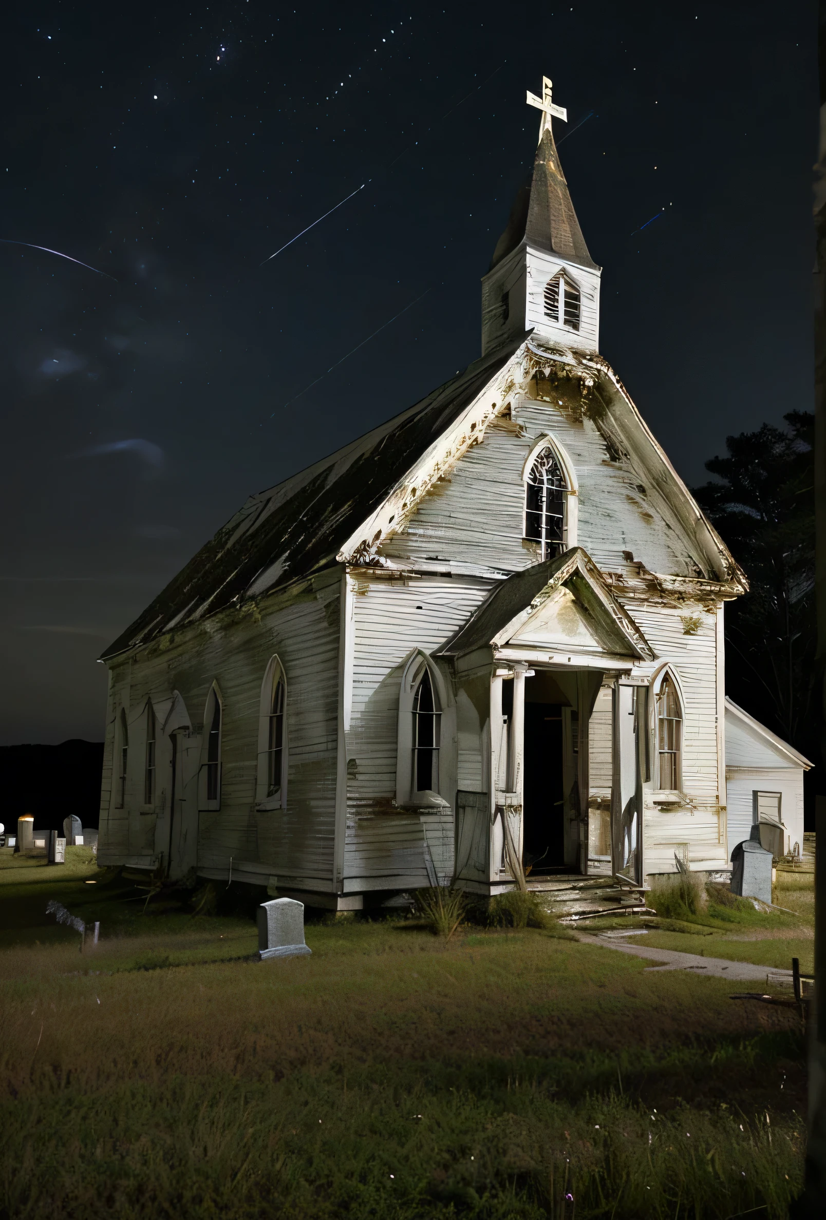 andrew wythe style, very old neglected church, white wood siding, deteriorated, out in a field, graveyard, night time
