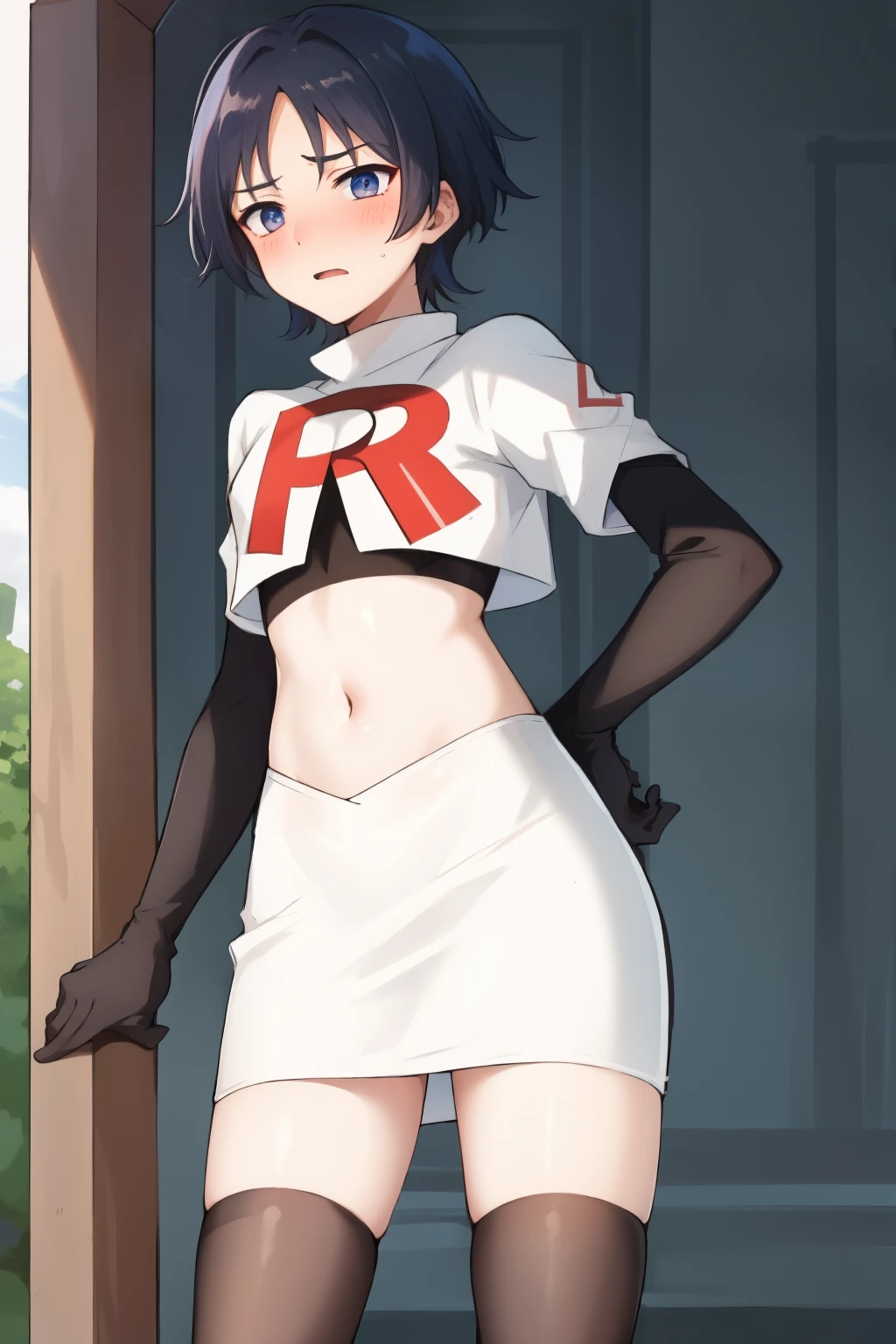 absurdres,masterpiece, trap, best quality, highres, high quality, 1boy, solo, male focus, hair, crossdressing,1boy,team rocket,team rocket uniform,white skirt,red letter R,crop top,black thigh-highs,black elbow gloves, embarrassed, blush