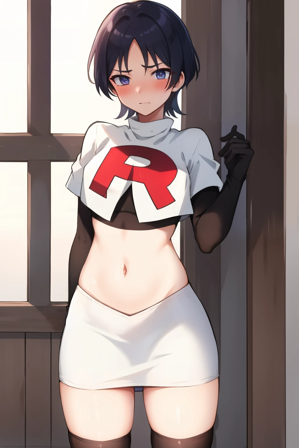 absurdres,masterpiece, trap, best quality, highres, high quality, 1boy, solo, male focus, hair, crossdressing,1boy,team rocket,team rocket uniform,white skirt,red letter R,crop top,black thigh-highs,black elbow gloves, embarrassed, blush