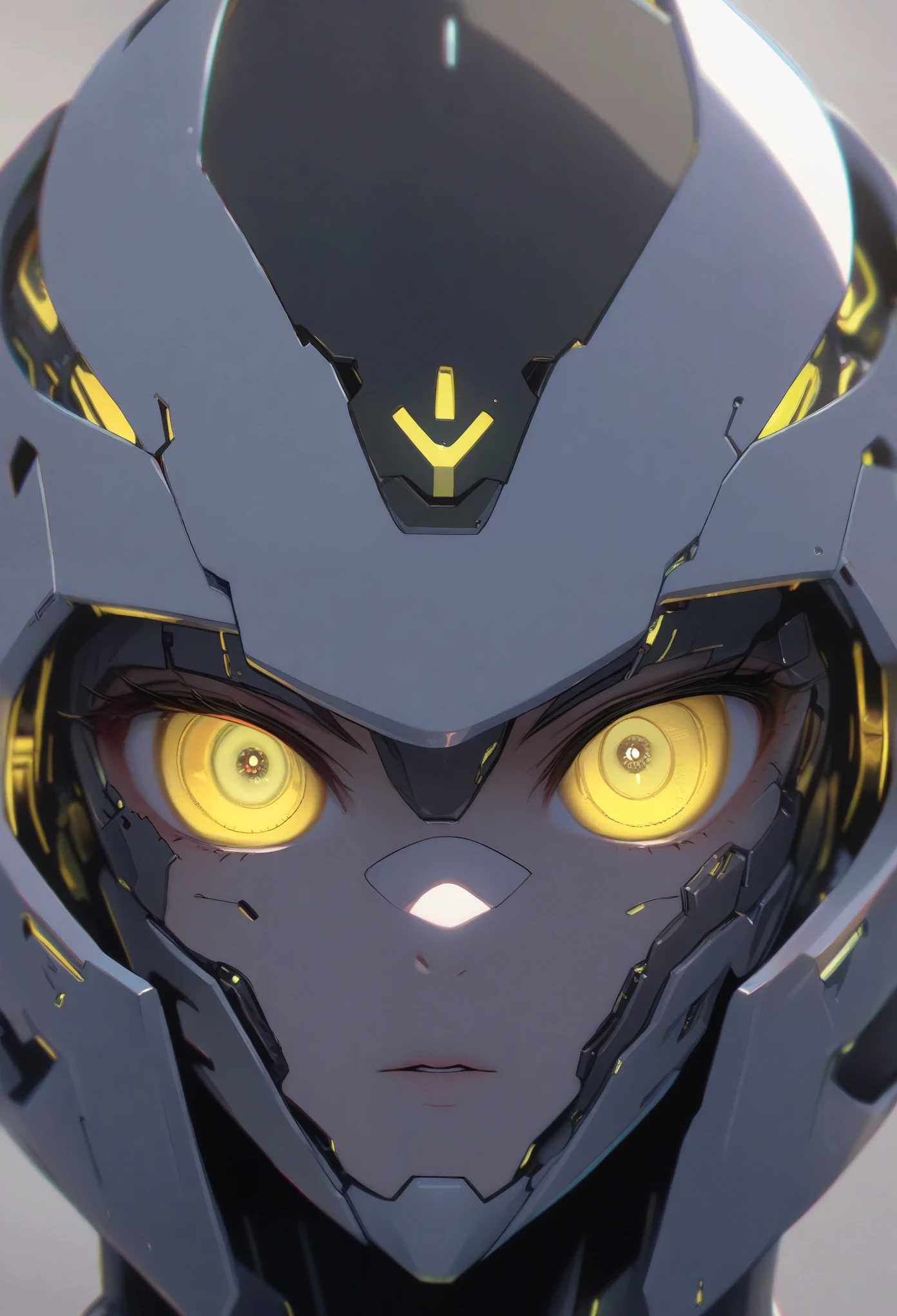 best quality, (ultra high res), 1girl, solo, cyborg female, upper body shot, ((yellow eyes): 1.2), mechanical eyes, artificial eyes, detailed eyes, futuristic glowing eyes, well-aligned eyes, extremely detailed face, cowboy shot, spaceship, thick body, (wearing cyber bodysuit, cyber Helmet, detailed visor), high heels, standing with legs apart, cyber feet, (cinematic lighting), ((fullbody view)), futuristic background