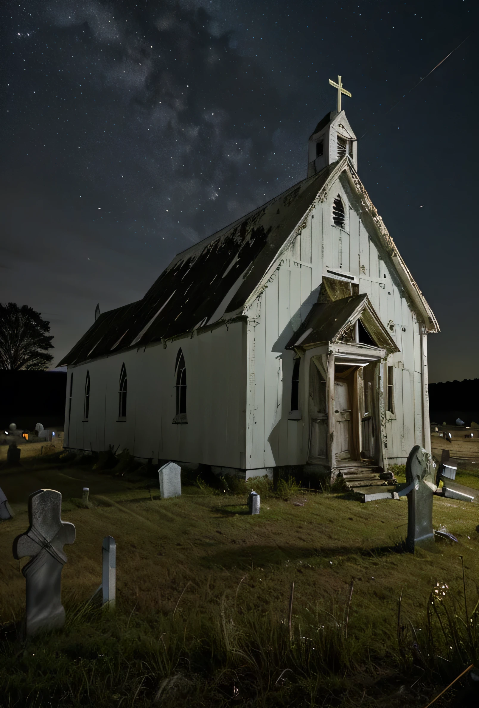 andrew wythe style, very old neglected church, white wood siding, deteriorated, out in a field, graveyard, night time
