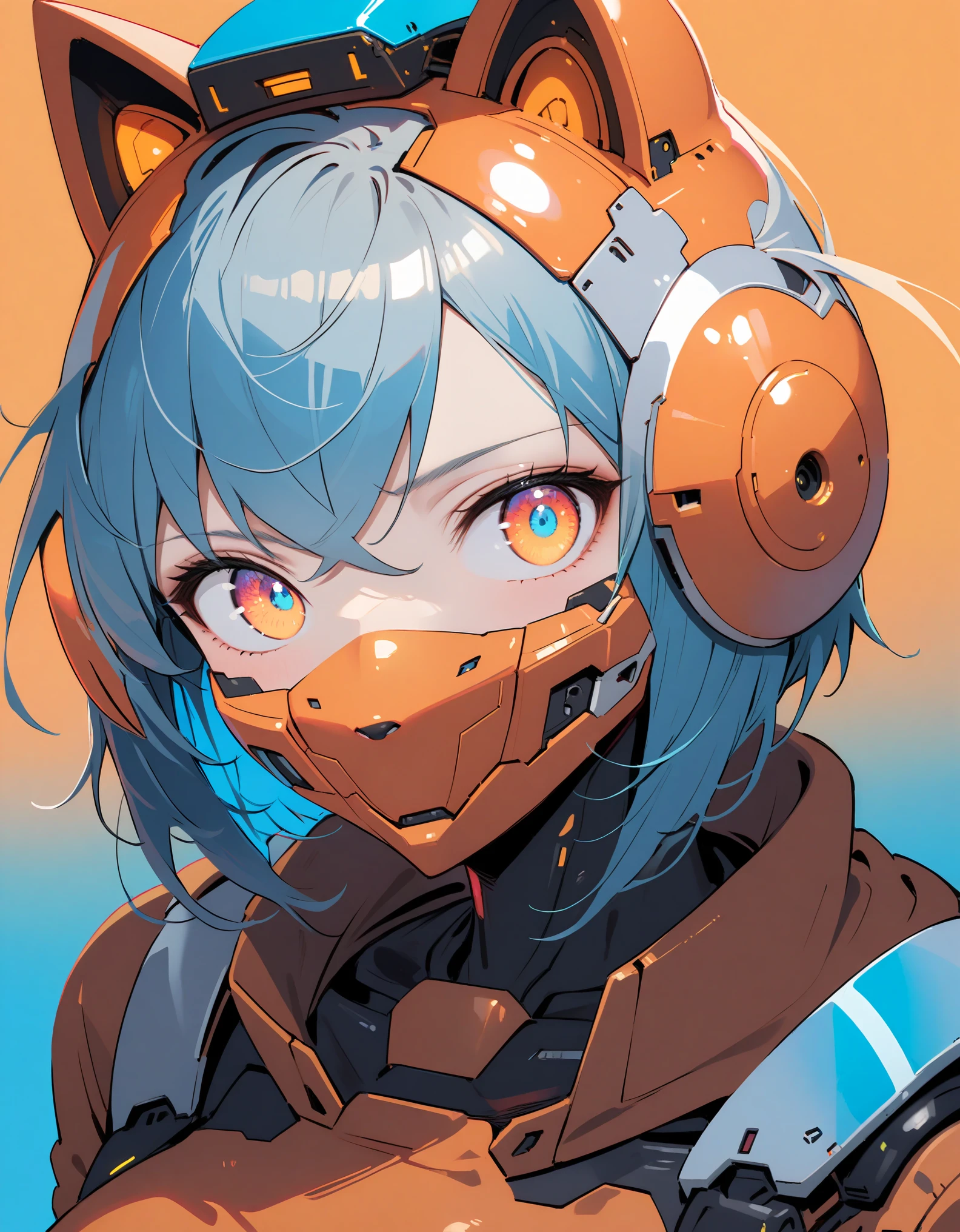 best quality, absurdres, (ultra high res), cat girl, ((humanoid cat, female body, detailed fur, cat face)), vr visor, cyber wearface, cyberpunk cat, cat head, furry body, thick thighs, wide hips, narrow waist, huge breasts, breasts apart, covered nipples, (excellent anatomy), (robot feet, joint feet), good proportion, mechanical bodysuit, cyber helmet, orange suit, orange helmet, (cinematic lighting), ((cyan background, fullbody: 1.5))