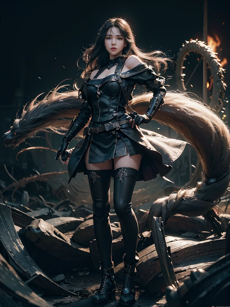 (((masterpiece, top quality, ultra detailed))), (((ultra photo-realistic 3D))), (((dramatic leap in overall accuracy, producing ultra detailed and realistic images))), complex machine j gimmick female android, Dynamic combat action poses, A fusion of very complex mechanical steampunk fashion and overly decorated Gothic Lolita fashion, Off the shoulders, Fluttering flare mini skirt, Complex mechanical temple steampunk headgear, Very large eyes, very long eyelashes, Black hair blown in the wind, very long thin arms, Complex mechanical gloves, very long thin legs, Complex mechanical over-the-knee stockings, Mandala, Lots of neon gras are crossed and scattered, Have a huge weapon with very complex mechanical devices, A highly complex machine shop surrounded by flames, Very dark night background, Very dramatic and cinematic lighting, (High dynamic range), Ray tracing, NVIDIA RTX, Super Resolution, Unreal 5, Subsurface scattering, PBR Texturing, Post-processing, Anisotropy Filtering, depth of fields, Maximum clarity and sharpness, Multilayer textures, Albedo and specular maps, Surface Shading, Precise simulated light material interactions, Perfect proportions, Octane Rendering, Two-tone lighting, Wide aperture, Low ISO, White Balance, thirds rule, 16K RAW,