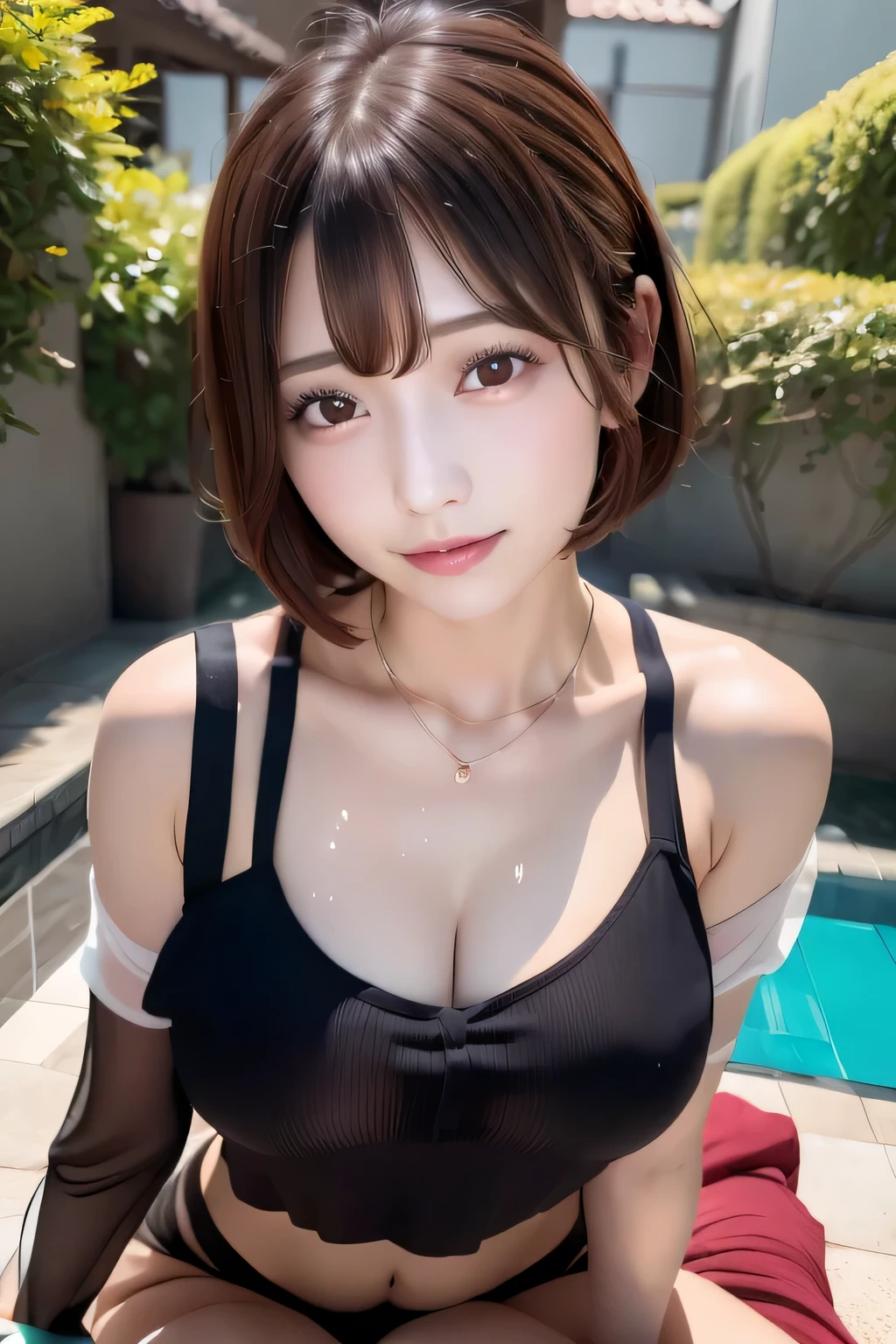 girl alone in the rain、blush、((colorful transparent cami))、((standing by the pool and smiling))、look at the audience、heavy rain、big and full breasts、transparent, 濡れると胸元に張り付くcolorful transparent holographic fluorescent cami、thin, emphasize the chest、colorful transparent holographic fluorescent cami、standing by the pool in the rain、Floral、hairpin、necklace、earrings、get wet and lean forward、look up from below、Depth of written boundary、pointed red mouth、reddish brown wet shiny short hair,colorful hair tips、red mouth,black eye、clavicle、beautiful fingers、hourglass body、full body portrait、stretch your chest and relax、cute wet face、