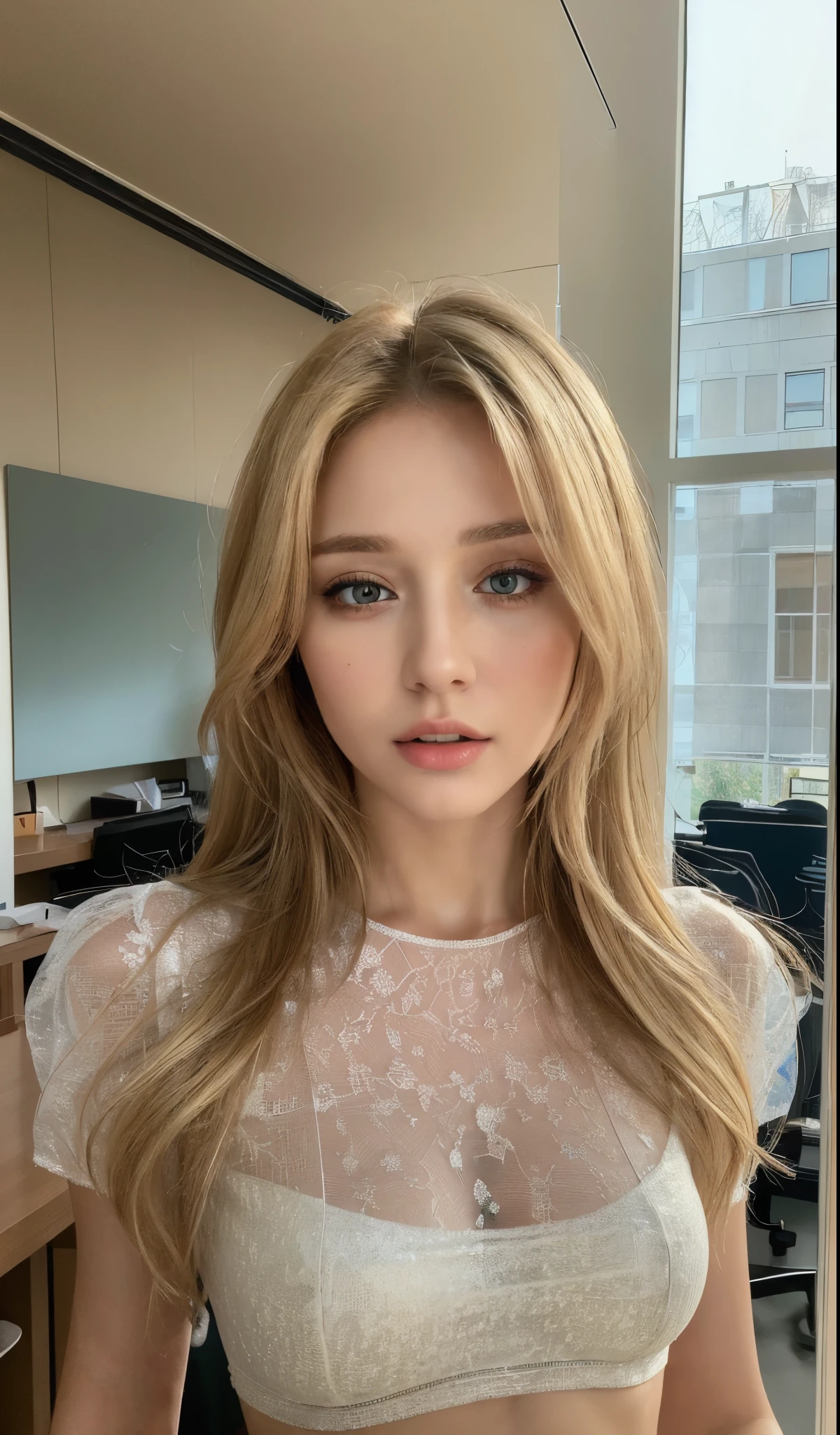 ((best quality, 8k, masterpiece: 1.3)), ((beautiful russian woman)), 1 woman, small breasts: 1.3, slim figure: 1.1, toned abs, blonde semi-long hair, (office, transparent T-shirt), super detailed face, detailed lips, detailed eyes, double eyelids, realistic photo