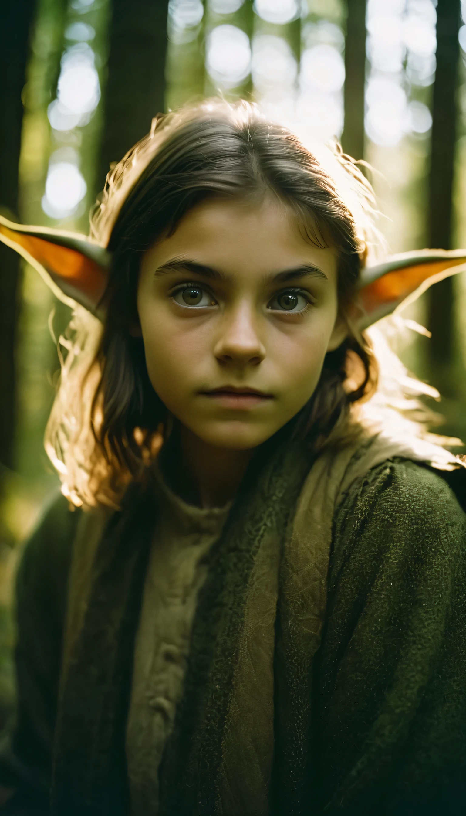 analog film photo, photo of young half-goblin, female, 16 years-old, olive green skintone, diminutive build, pointy ears, upturned nose, slitted pupils, pretty, natural beauty, mystical forest, RAW Photograph, dslr, soft lighting, high quality, film grain, Fujifilm XT3, detailed skin with visible pores, insane details, masterpiece, 8k, 35mm photograph, dslr, kodachrome, faded film, desaturated, 35mm photo, grainy, vintage, Kodachrome, Lomography, stained, highly detailed, found footage, close-up shot